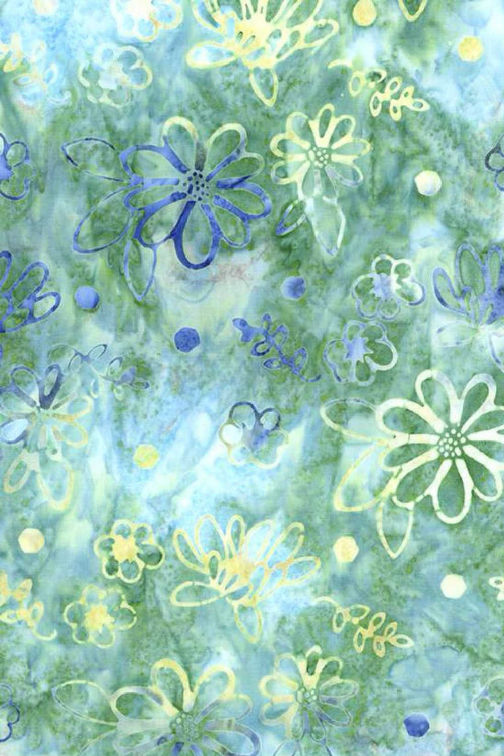 Close-up of Watercolor Daisies Caribbean Shale batik fabric by Beverly McCullough for Riley Blake Designs, with blue and pale yellow outlined daisies, dots, and sprigs on a mottled aqua-green ground