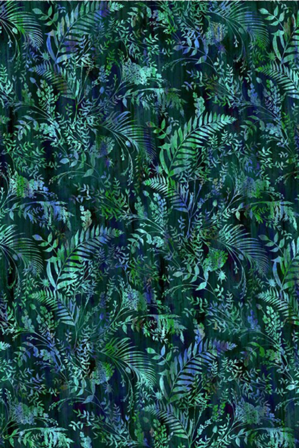 Halcyon II Blue Ferns allover fern and botanical foliage pattern, deep teal, green, and blue on navy quilting cotton by Jason Yenter for In The Beginning Fabrics