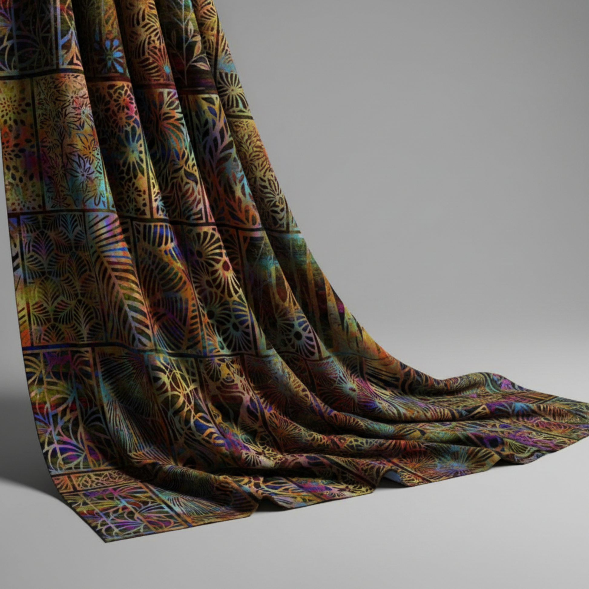 Halcyon II Multi Woodblock quilting cotton – soft drape shot showing fabric fold and texture
