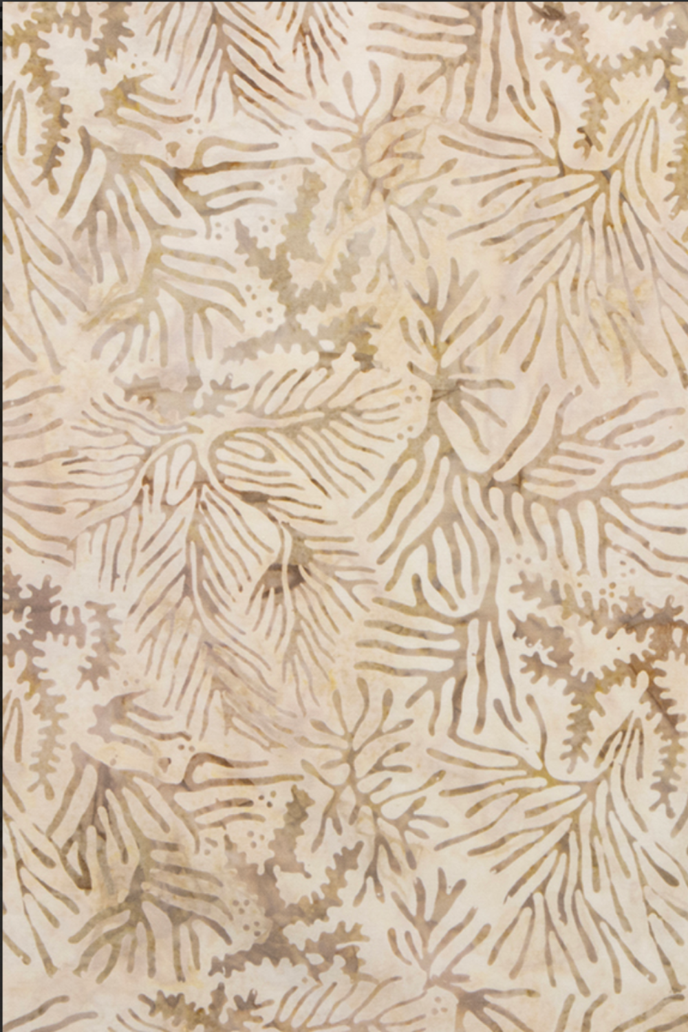 Expressions Batiks Breathe Ecru fabric by Riley Blake Designs showing warm cream and ecru tonal batik with pine needle and feathery frond motif in soft taupe and golden-beige – a refined neutral blender perfect for modern, coastal, and nature-themed quilts, 100% cotton batik