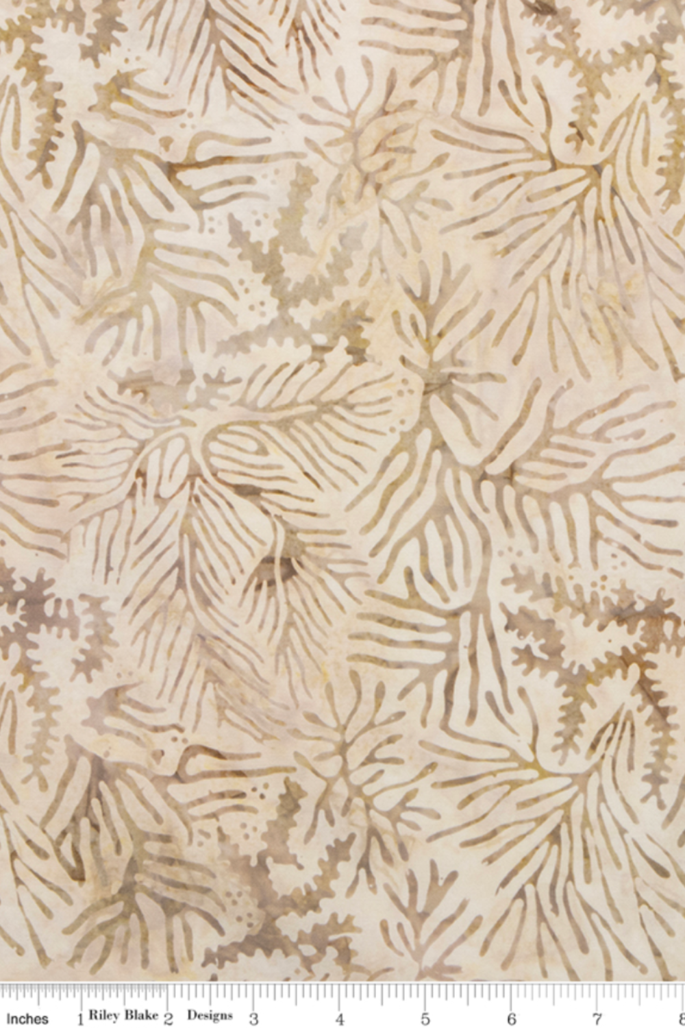 Expressions Batiks Breathe Ecru quilting cotton by Riley Blake Designs – Pinterest scale reference with ruler showing pattern repeat, warm cream and ecru tonal batik with all-over pine needle and feathery frond motif in soft taupe and golden-beige, portrait crop