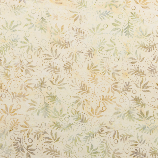Close-up detail of Expressions Batiks Breathe Laurel quilting cotton fabric by Riley Blake Designs – cream and ivory tonal batik with all-over feathery fronds, dotted circular swirl outlines, and tiny leaf sprigs in soft sage green, warm taupe, and pale grey-green, airy low-contrast botanical texture
