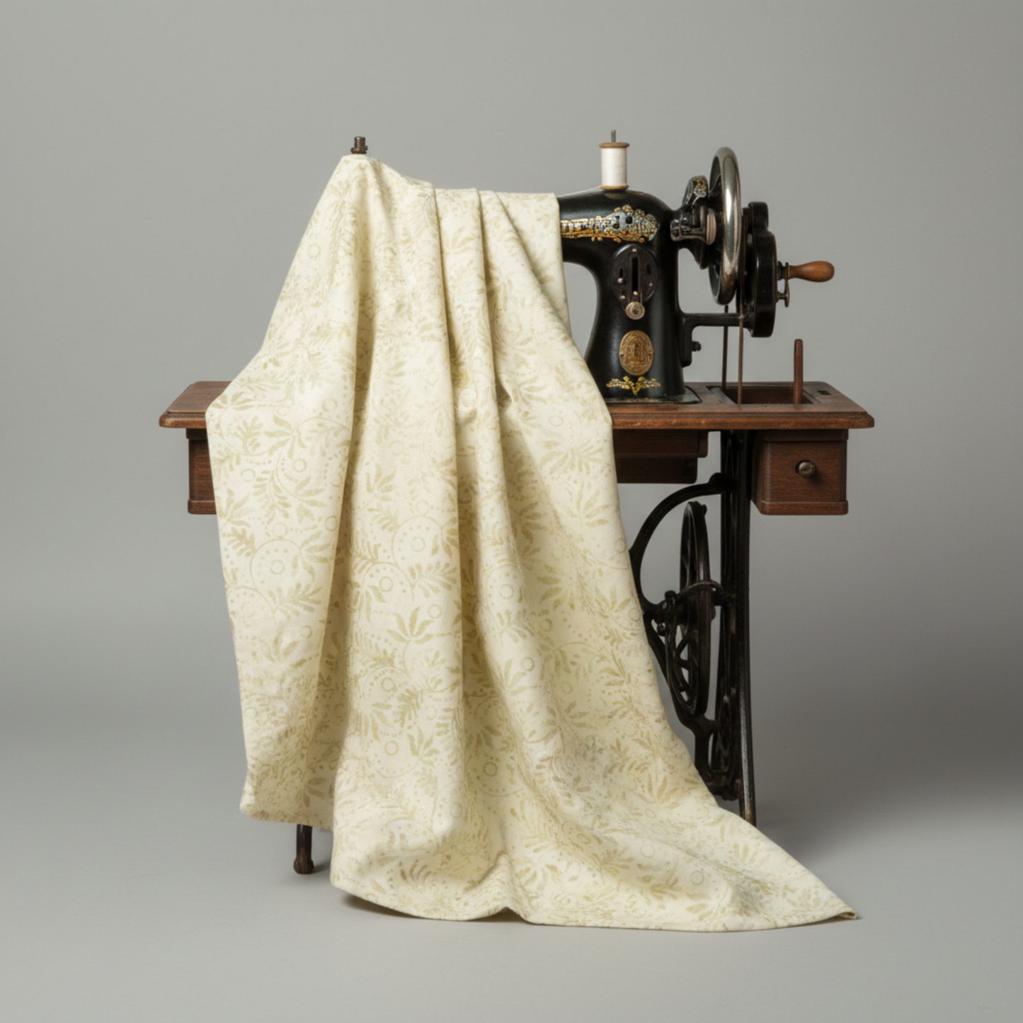 Expressions Batiks Breathe Laurel quilting cotton fabric by Riley Blake Designs – draped over vintage black treadle sewing machine showing elegant natural drape and movement, cream and ivory tonal batik with feathery fronds and dotted swirl outlines in soft sage green and warm taupe, grey background