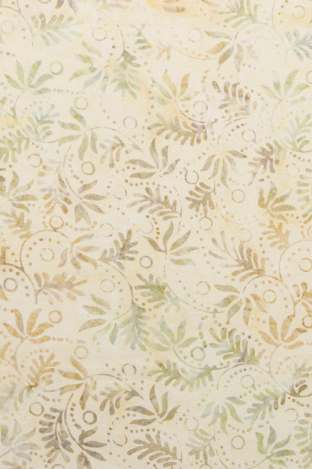 Expressions Batiks Breathe Laurel fabric by Riley Blake Designs – cream and ivory tonal batik with feathery fronds, dotted swirl outlines, and leaf sprigs in soft sage green and taupe, a sophisticated botanical blender perfect for modern, nature-inspired, and soft palette quilts, 100% cotton batik