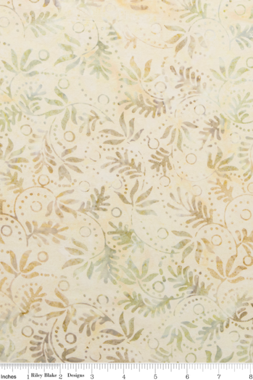 Expressions Batiks Breathe Laurel quilting cotton by Riley Blake Designs – Pinterest scale reference portrait crop with ruler showing pattern repeat approximately 4–5 inches, cream and ivory tonal batik with feathery fronds, dotted circular swirl outlines, and tiny leaf sprigs in soft sage green and warm taupe