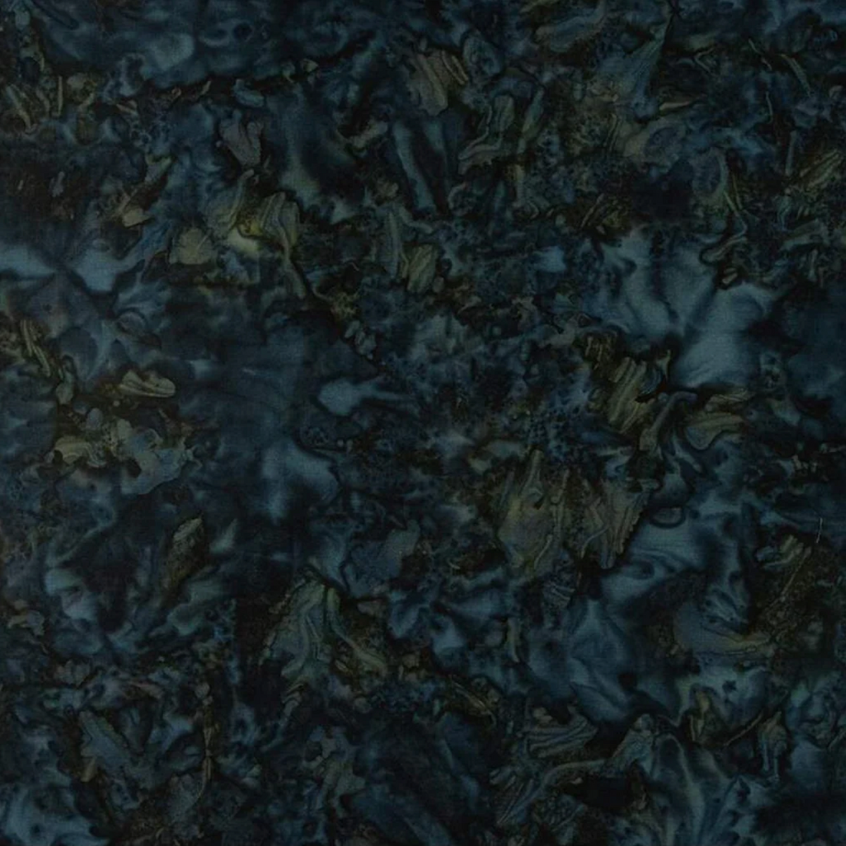 Close-up detail of Expressions Batiks Elementals Color Play Mottled Rainstorm quilting cotton fabric by Riley Blake Designs ‚Äì dense swirling all-over wax resist texture in dark teal-navy with olive-khaki and forest green, medium-high contrast mottled pattern shifts between blue, green, and near-black, rich complex tonal texture reads as deep water or storm-lit foliage