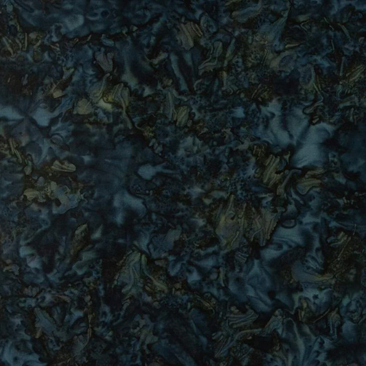 Close-up detail of Expressions Batiks Elementals Color Play Mottled Rainstorm quilting cotton fabric by Riley Blake Designs ‚Äì dense swirling all-over wax resist texture in dark teal-navy with olive-khaki and forest green, medium-high contrast mottled pattern shifts between blue, green, and near-black, rich complex tonal texture reads as deep water or storm-lit foliage