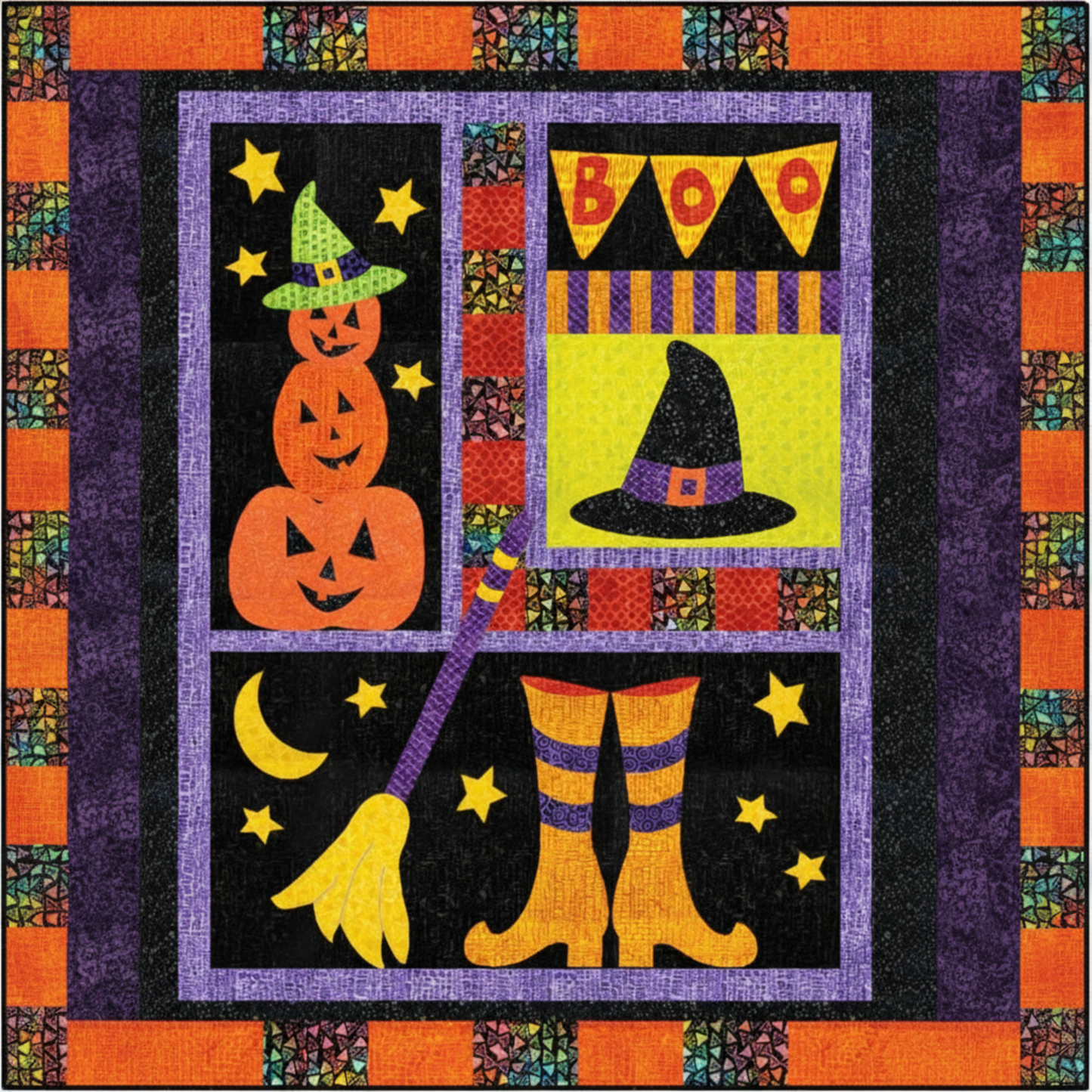 Halloween-themed quilt with pumpkins, witch hat, boots, and broomstick on a black background.