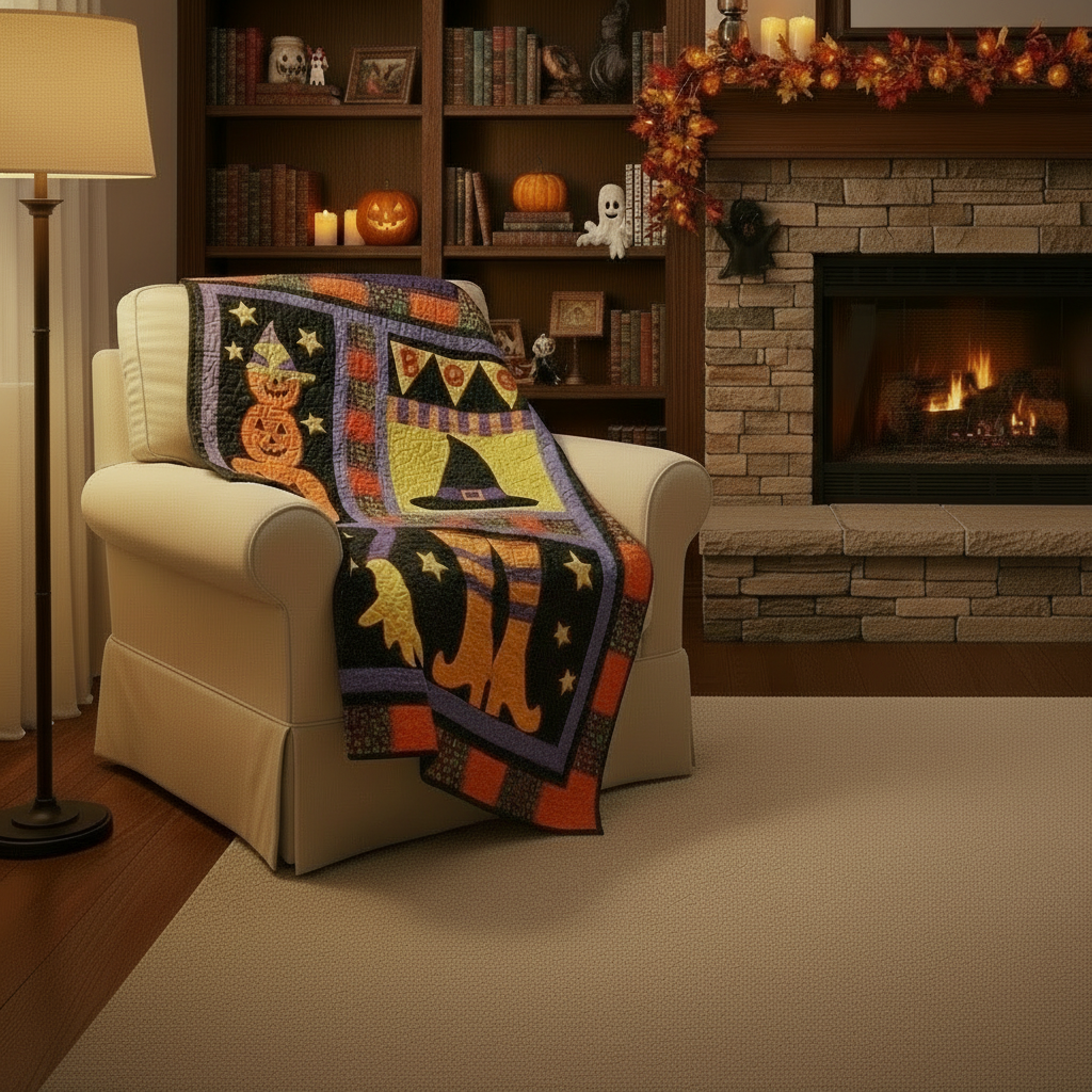 Halloween-themed quilt with pumpkins, witch hat, boots, and broomstick on a black background.