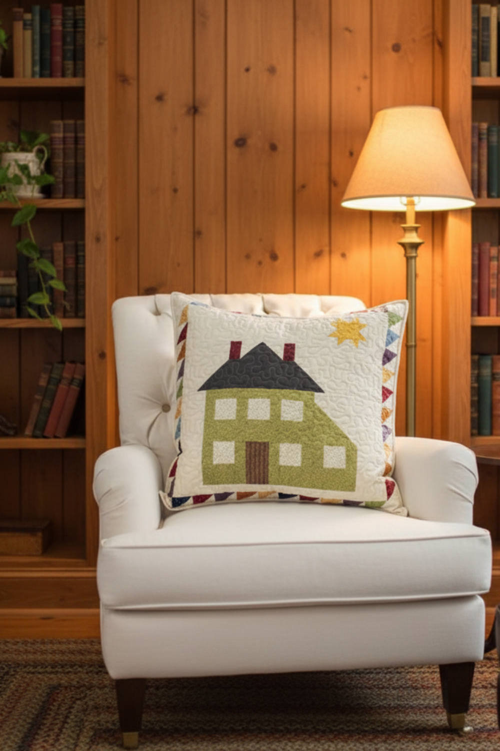 White armchair with a decorative pillow featuring a house design in a cozy room with wooden walls and bookshelves.
