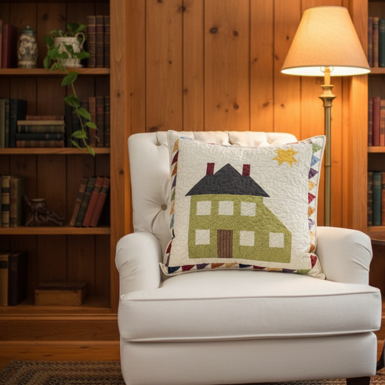 White armchair with a decorative pillow featuring a house design, in a room with wooden paneling and bookshelves.