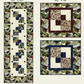 Quilt pattern with geometric designs on a green leafy background