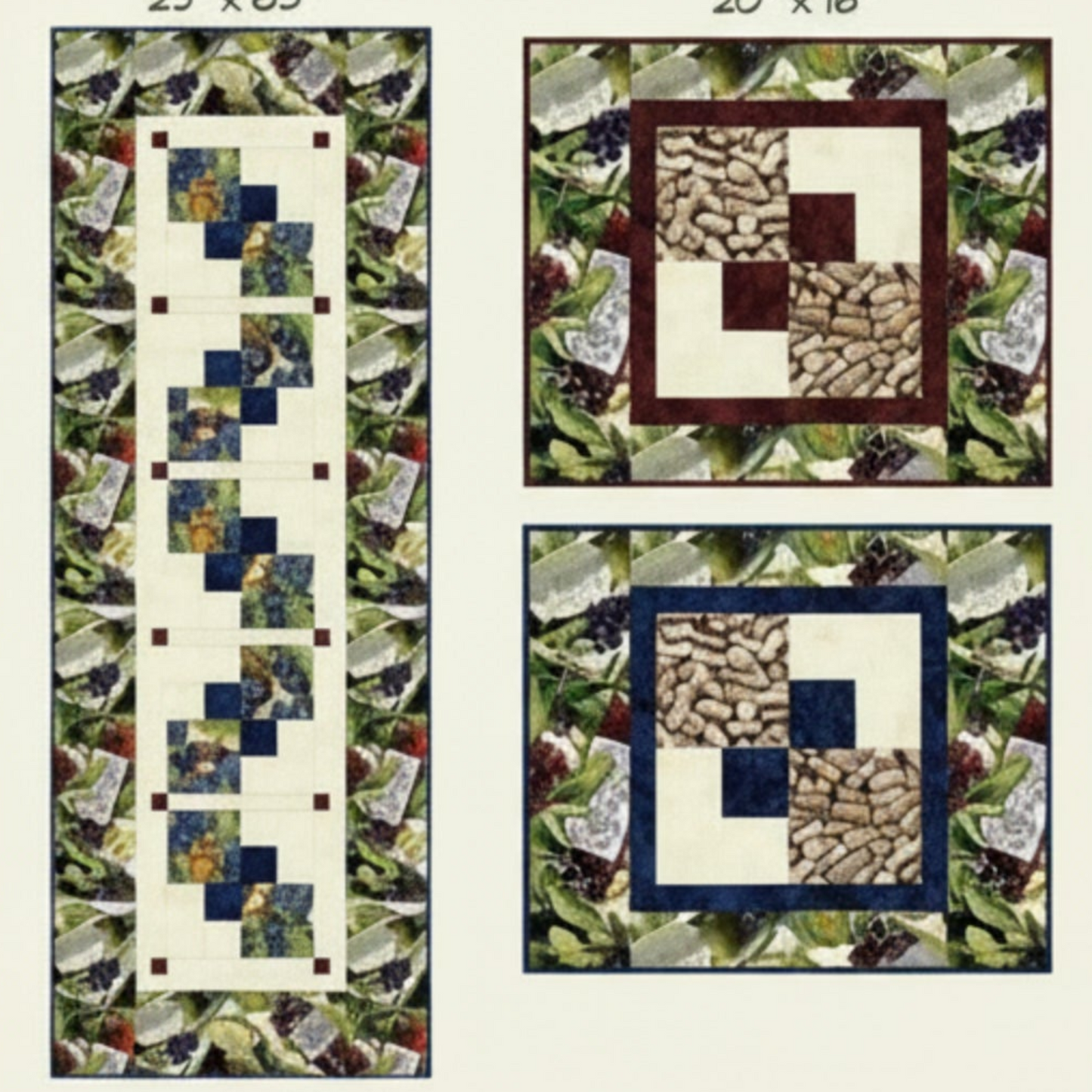 Quilt pattern with geometric designs on a green leafy background