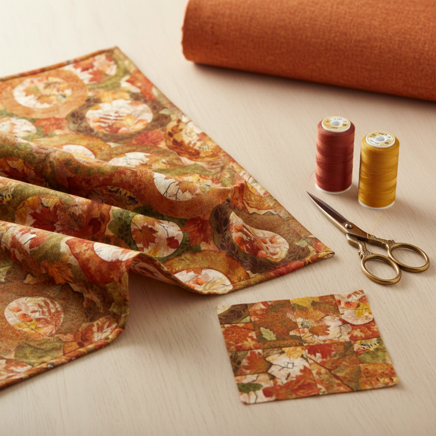 Autumn Celebration Multi Circles quilting fabric shown from alternative angle highlighting vibrant fall colors