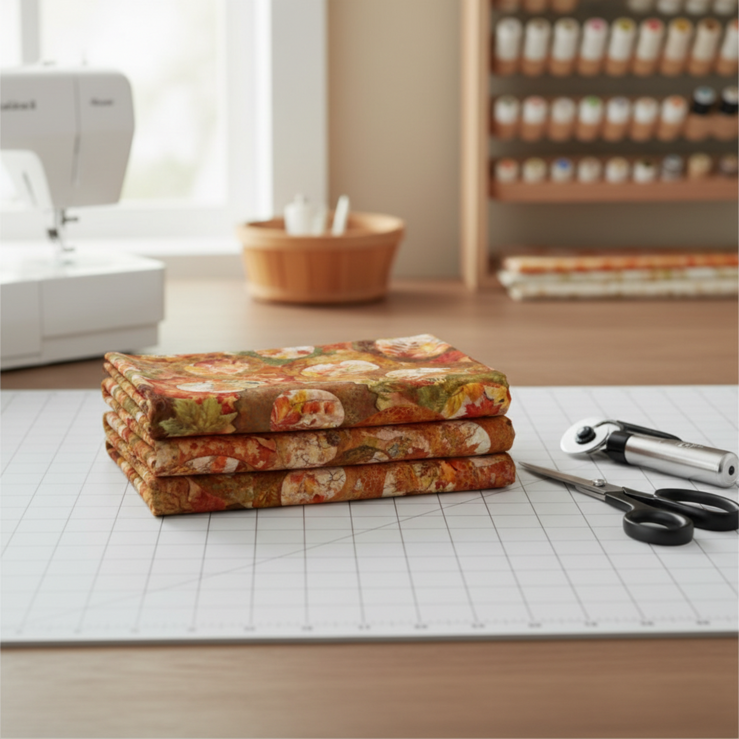 Autumn Celebration Multi Circles quilting fabric shown from alternative angle highlighting vibrant fall colors