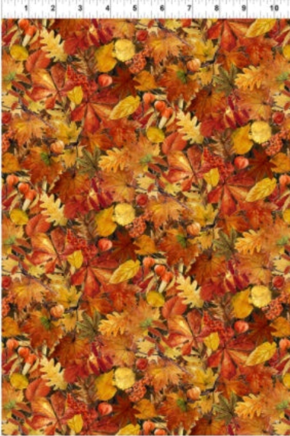 Autumn Celebration Multi Small Foliage quilting cotton showing leaf detail and rich autumn color palette