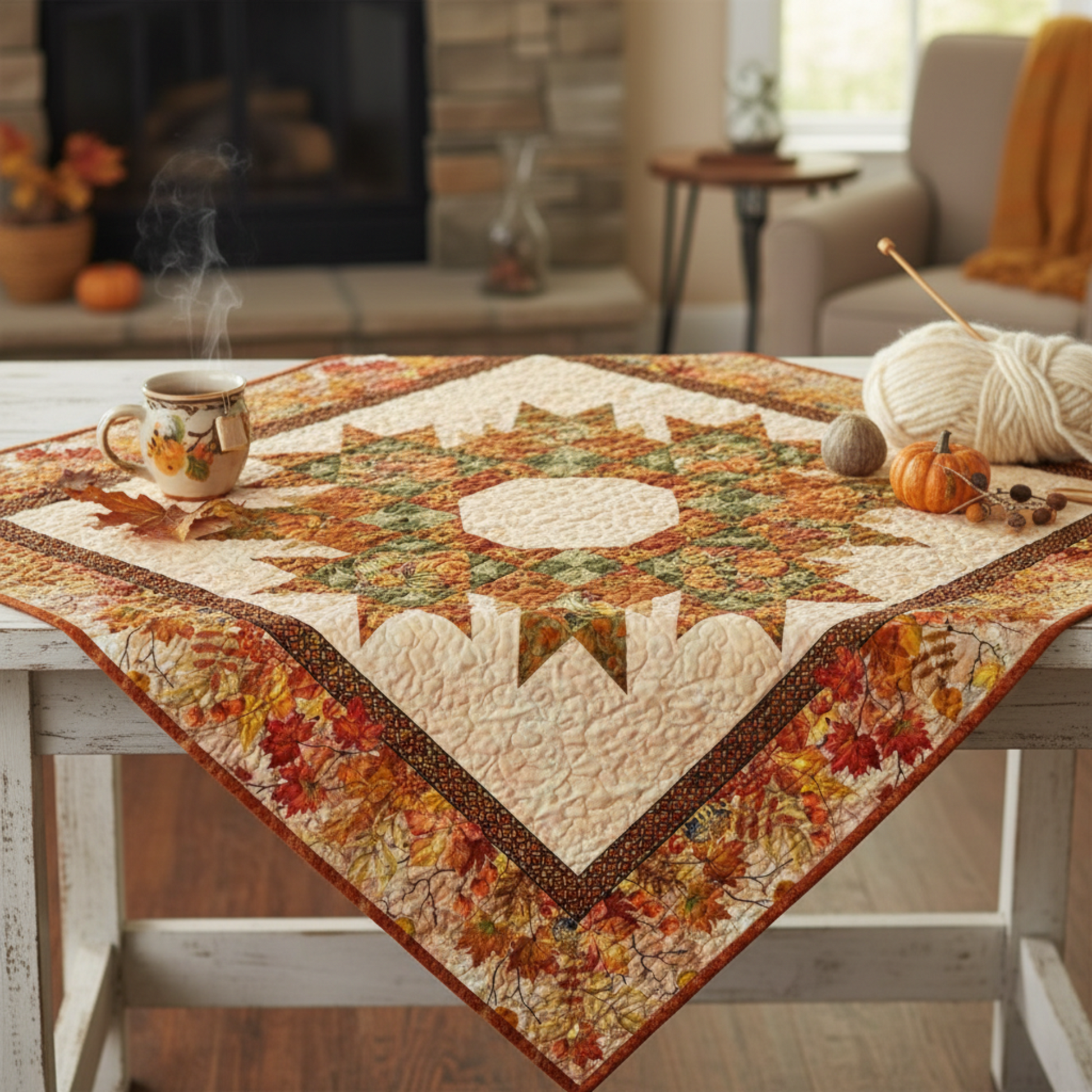 Inspirational fall quilt made with Autumn Celebration fabrics by Jason Yenter in warm harvest tones – project inspiration.