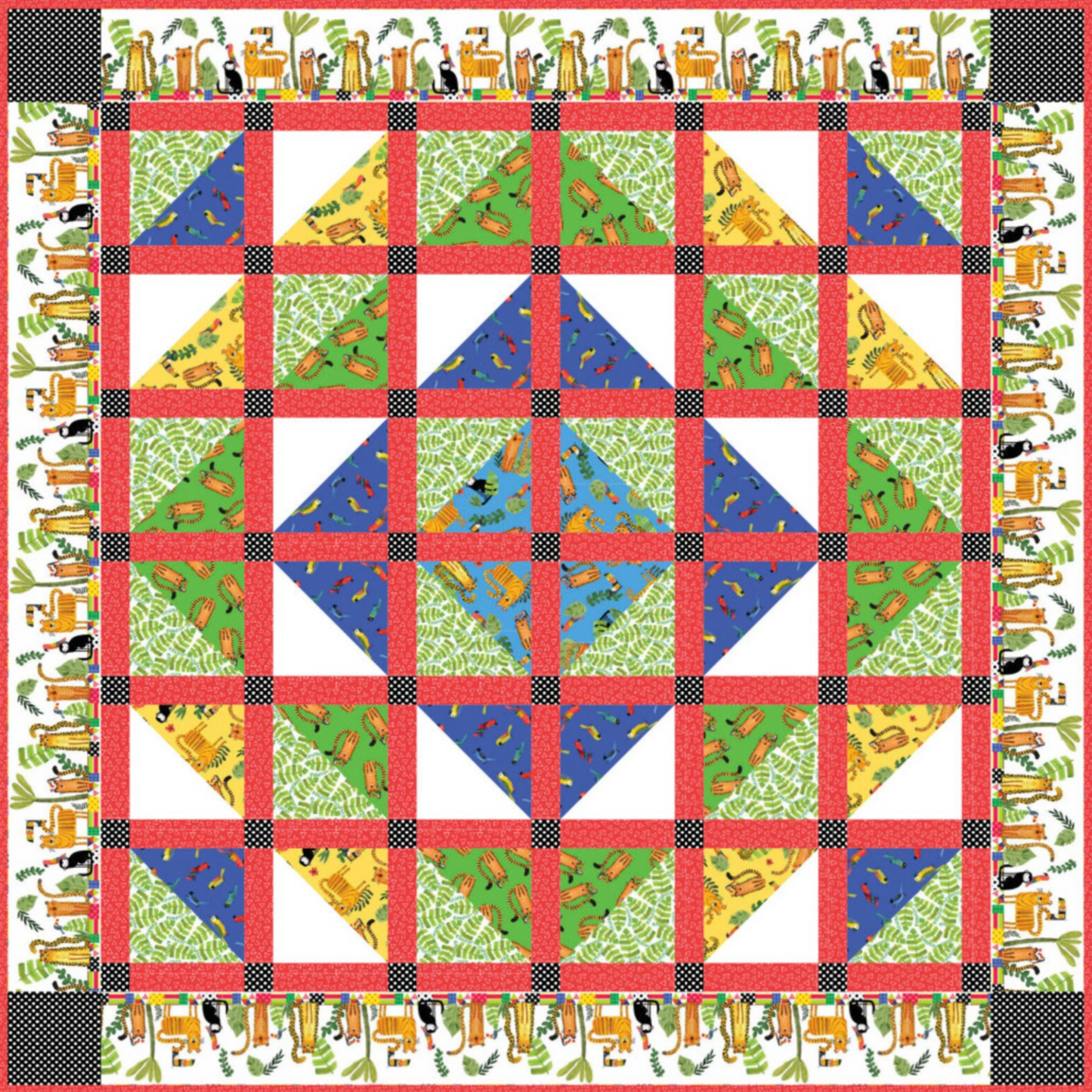 Safari Fun quilt pattern layout – 56x56 inch medallion design with half-square triangle blocks in lime green, blue, yellow and red sashing, featuring jungle animal prints by Terry Runyan for Benartex