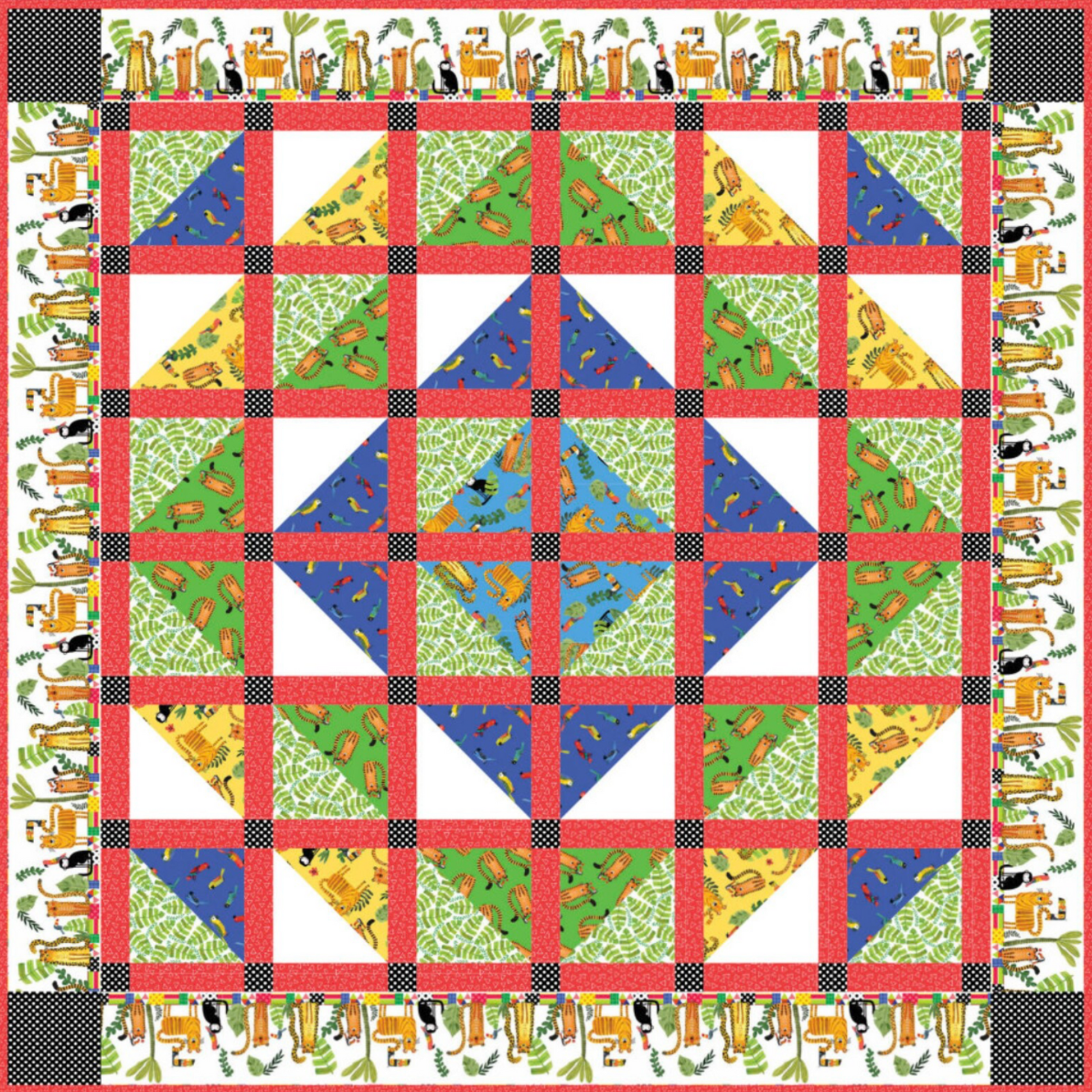 Safari Fun quilt pattern layout – 56x56 inch medallion design with half-square triangle blocks in lime green, blue, yellow and red sashing, featuring jungle animal prints by Terry Runyan for Benartex