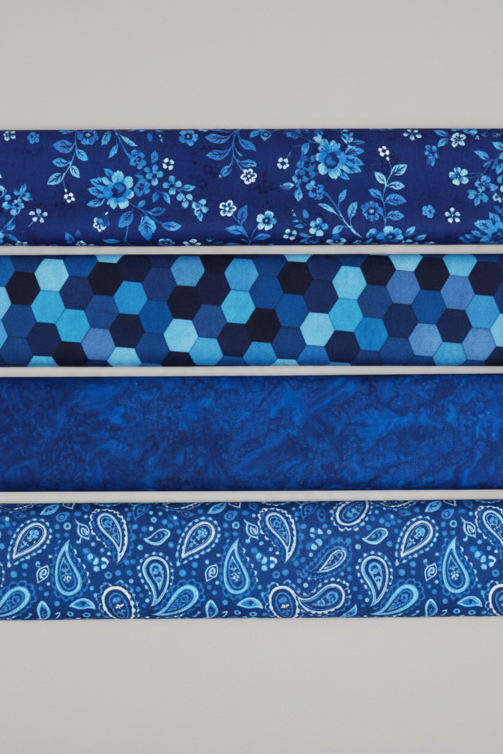 Expressions Batiks Hand-Dyed Imperial – Pinterest coordination stack with 4 complementary fabrics arranged vertically on light grey background