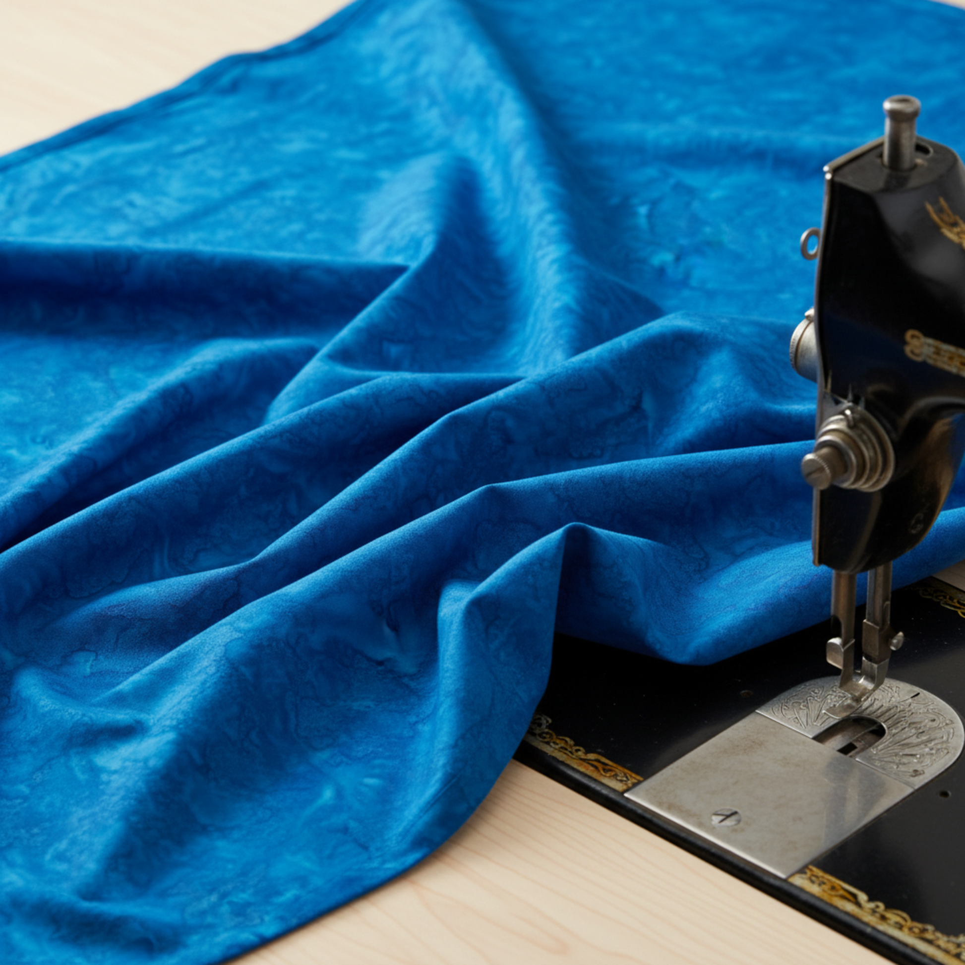 Expressions Batiks Hand-Dyed Imperial – fabric with soft folds near vintage sewing machine in quilting room, Riley Blake Designs