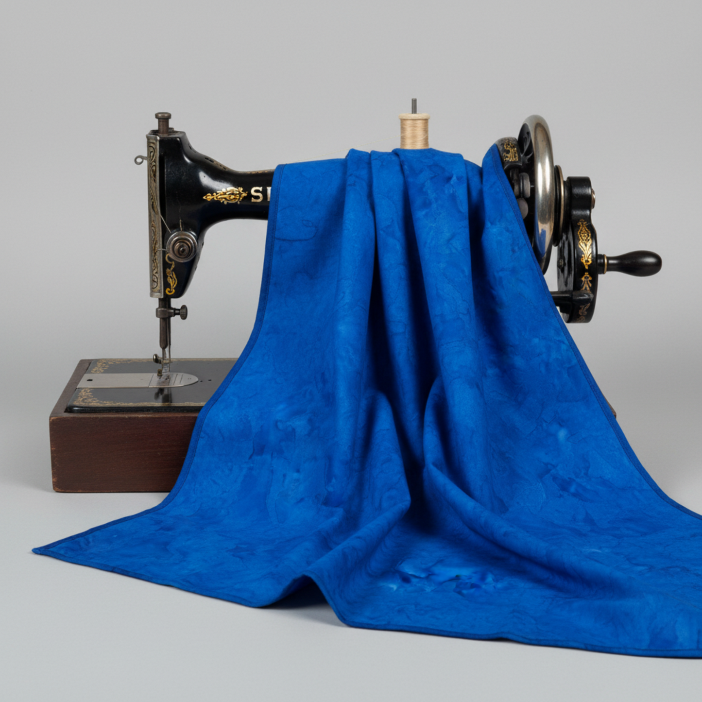 Expressions Batiks Hand-Dyed Cobalt quilting cotton draped over a vintage sewing machine to show softness and movement