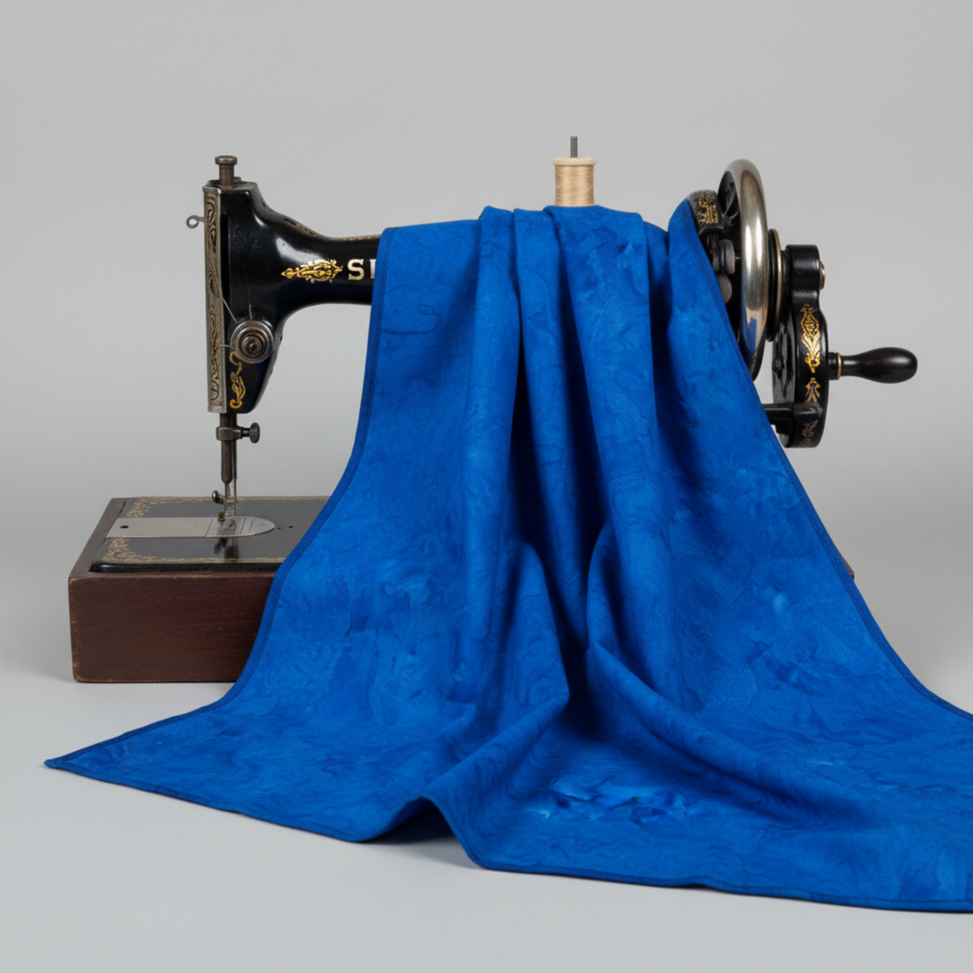 Expressions Batiks Hand-Dyed Cobalt quilting cotton draped over a vintage sewing machine to show softness and movement