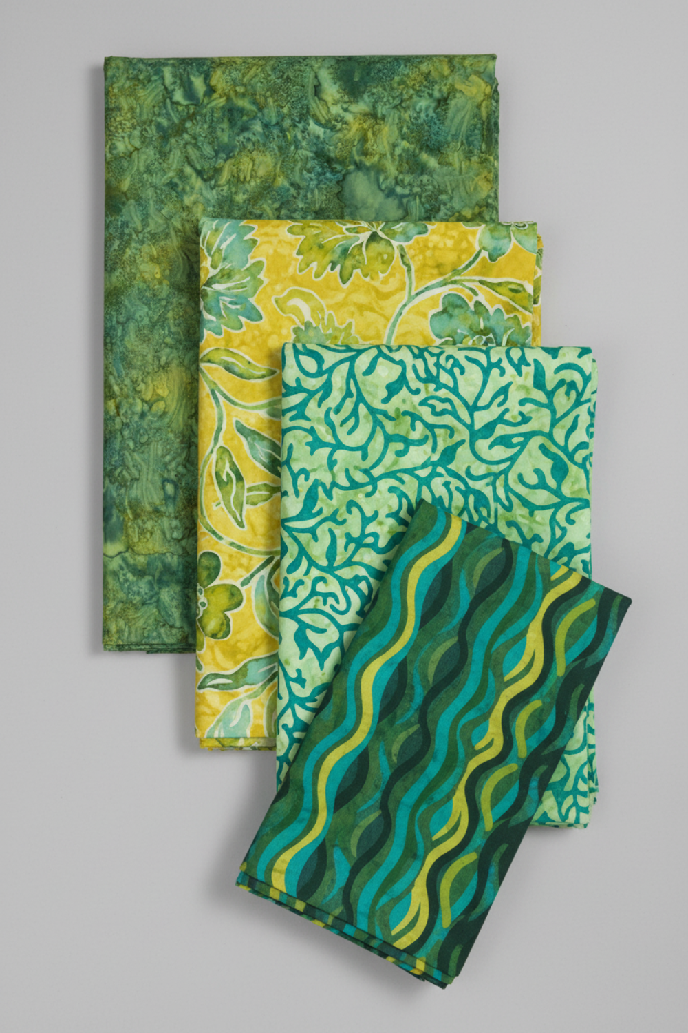 Expressions Batiks Hand-Dyed Amazon – Pinterest coordination stack with 4 complementary fabrics stacked vertically on light grey background