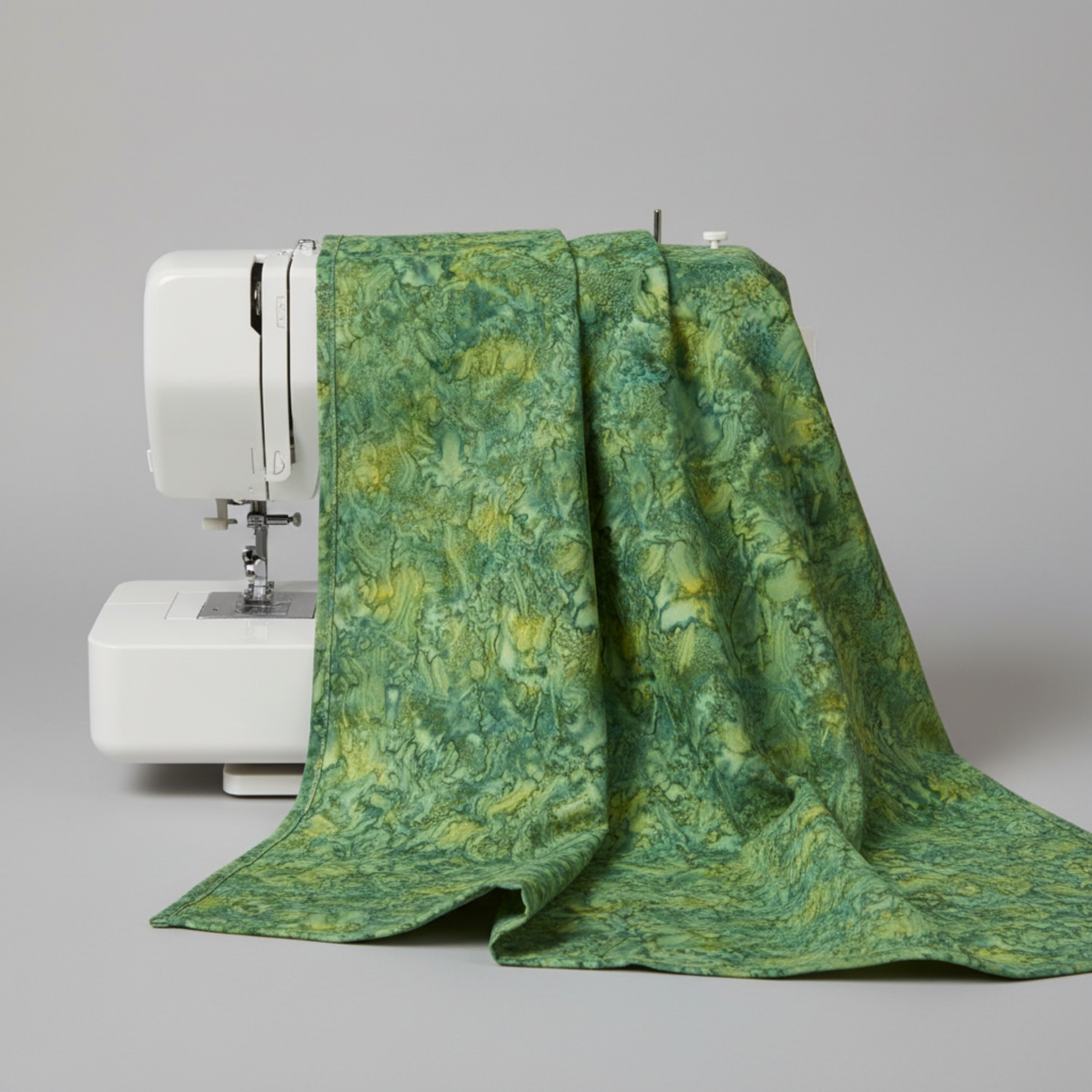 Expressions Batiks Hand-Dyed Amazon quilting cotton fabric by Riley Blake Designs – jungle green hand-dyed batik draped over sewing machine edge with natural soft folds on light grey background
