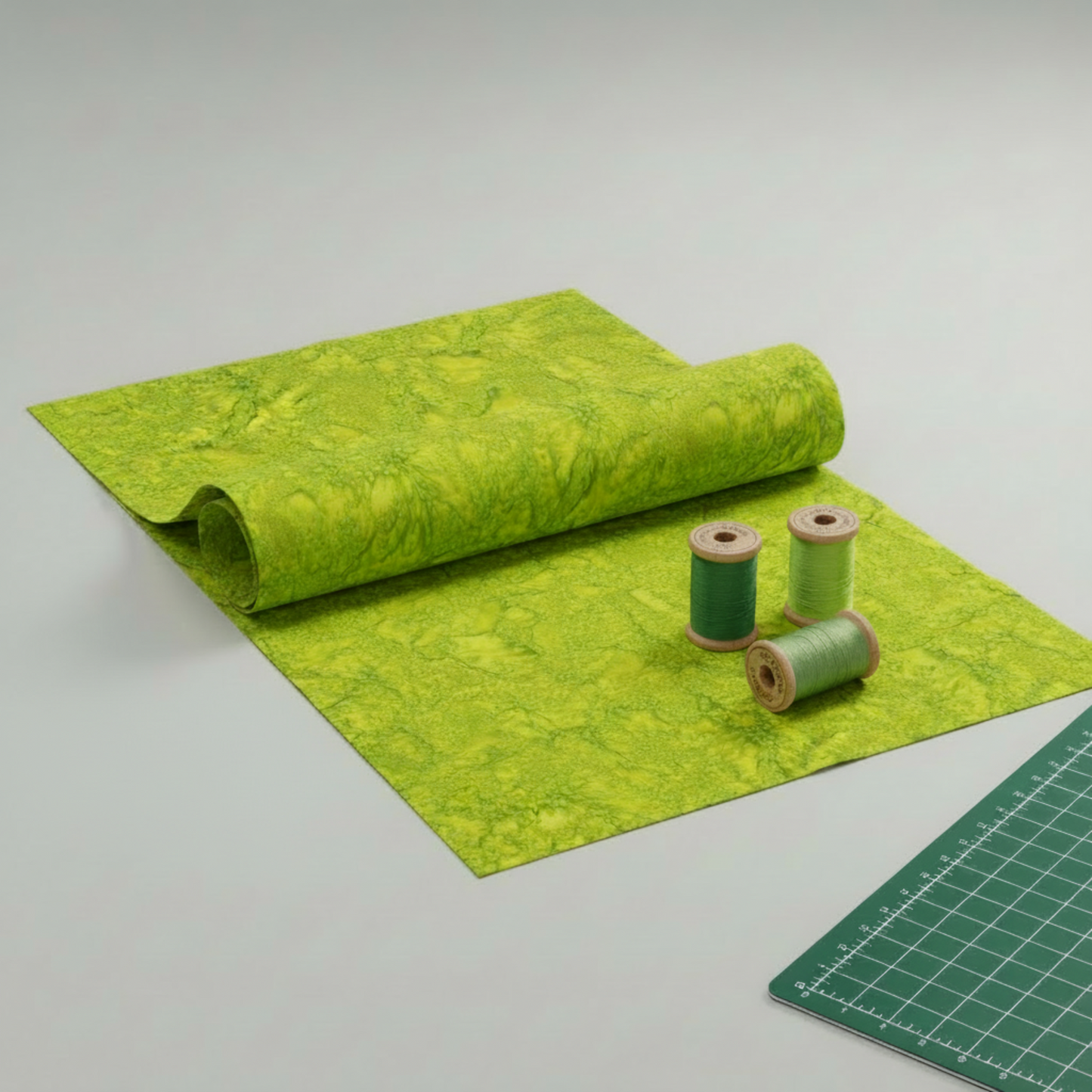 Expressions Batiks Hand-Dyed Sap quilting cotton fabric by Riley Blake Designs – vivid chartreuse green batik ready for quilting project with threads and edge of cutting mat visible on light grey background