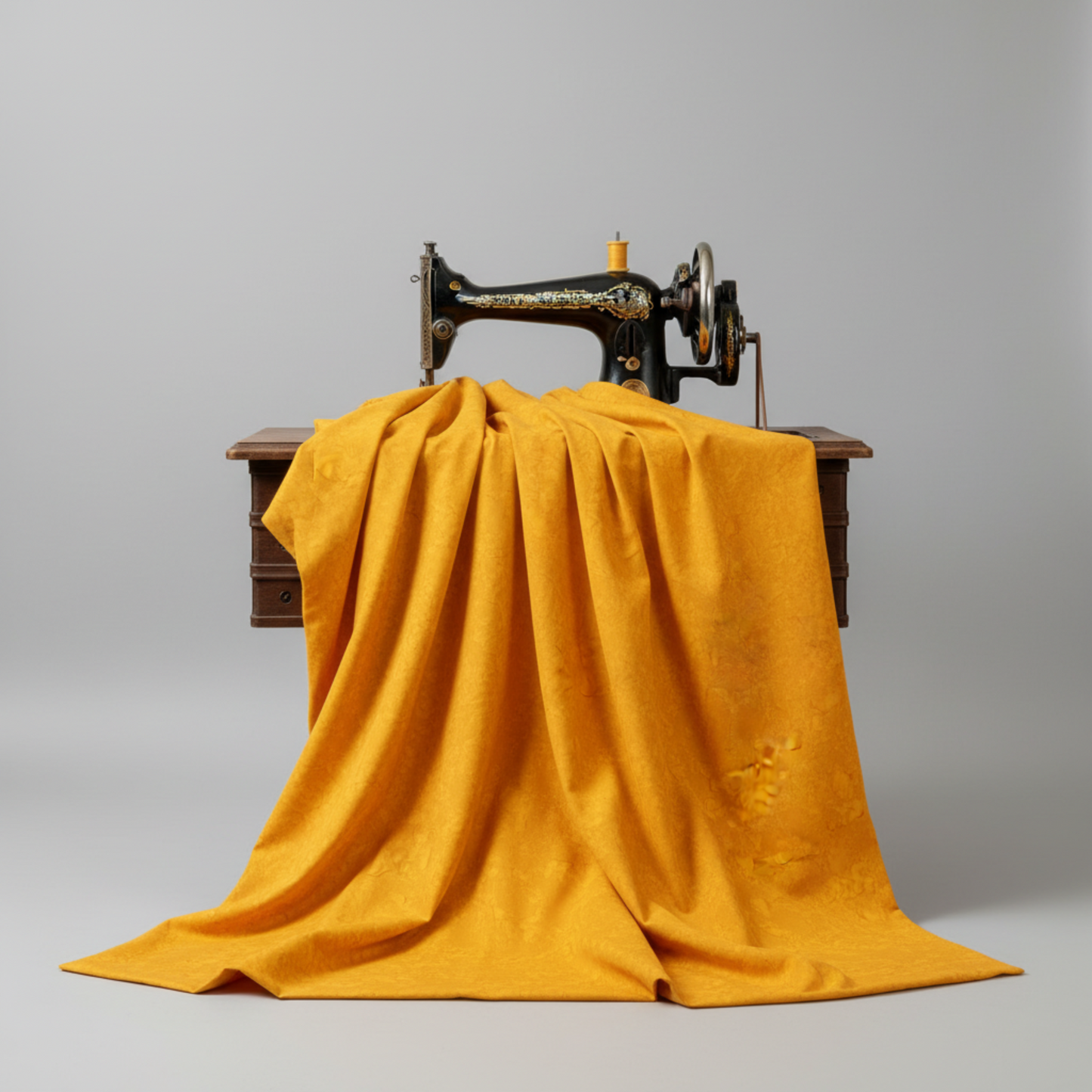 Expressions Batiks Hand-Dyed Curry quilting cotton fabric by Riley Blake Designs – rich curry yellow hand-dyed batik draped over vintage sewing machine with natural soft folds on light grey background