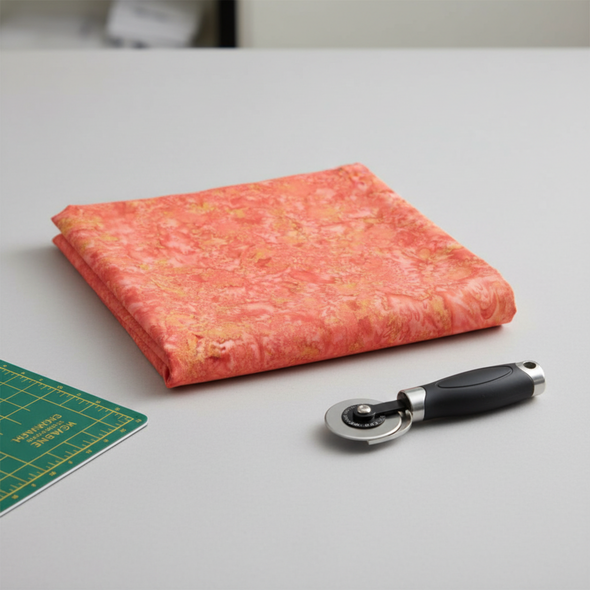 Expressions Batiks Hand-Dyed Salamander quilting cotton fabric by Riley Blake Designs – warm coral-orange batik in progress with edge of cutting mat and rotary cutter visible on light grey background