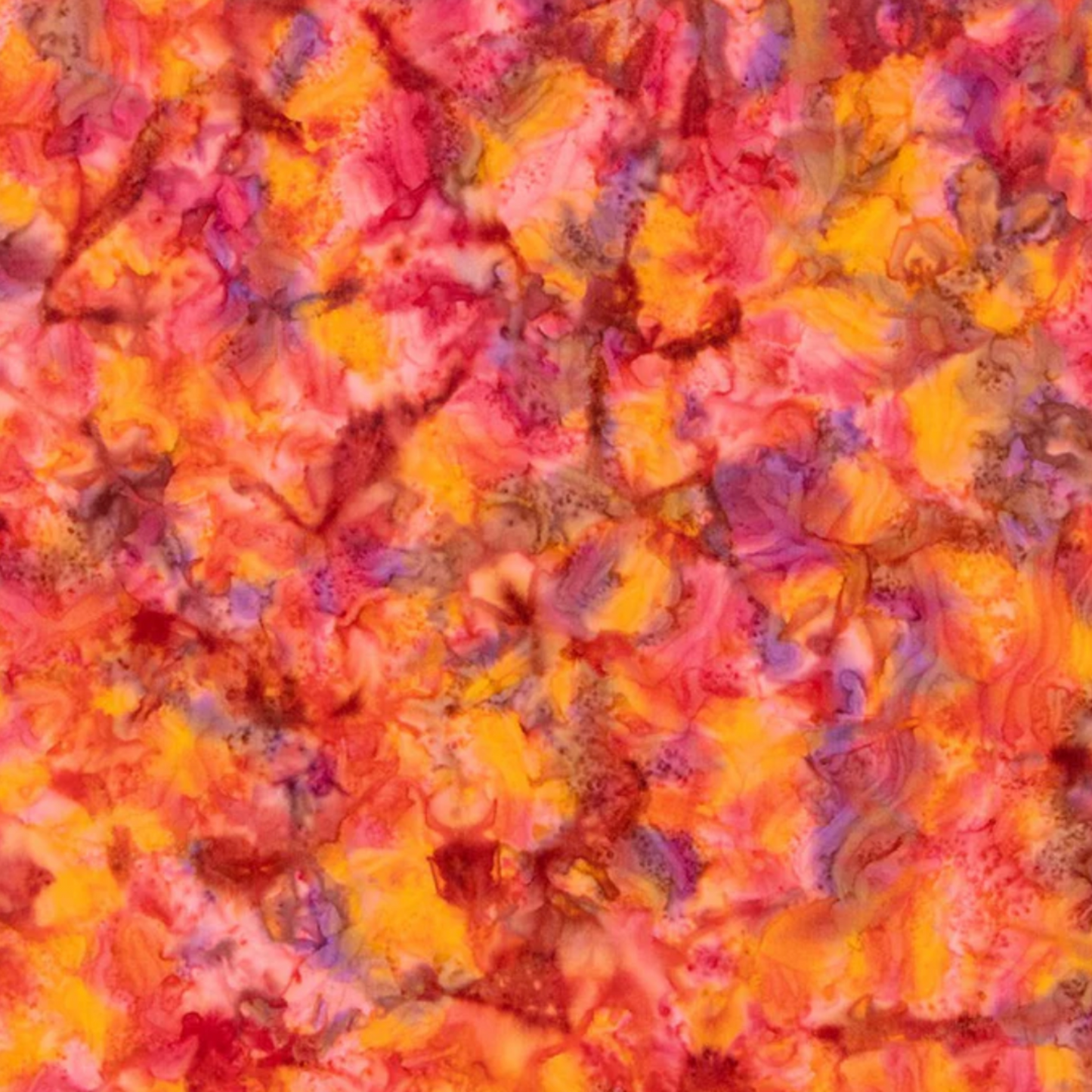 Close-up detail of Expressions Batiks Hand-Dyes Bouquet quilting cotton fabric highlighting print clarity and vibrant multicolor hand-dyed batik texture with golden orange, hot pink, magenta, and lavender