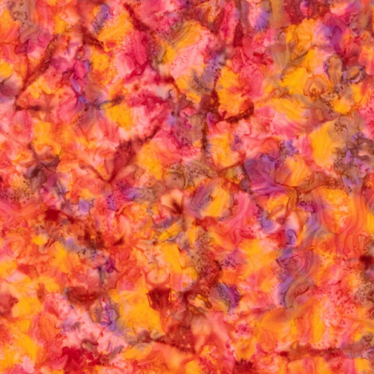 Close-up detail of Expressions Batiks Hand-Dyes Bouquet quilting cotton fabric highlighting print clarity and vibrant multicolor hand-dyed batik texture with golden orange, hot pink, magenta, and lavender