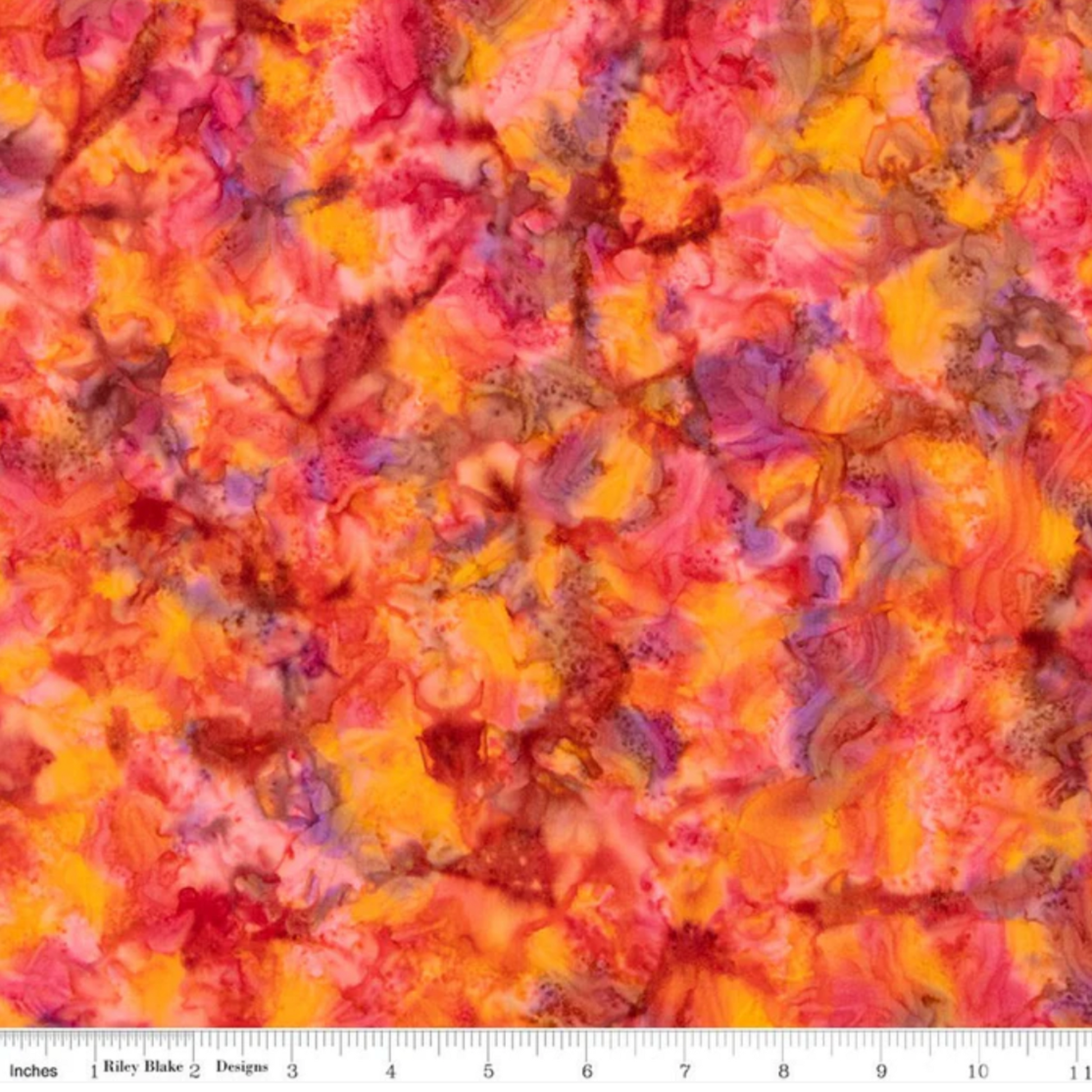 Expressions Batiks Hand-Dyes quilting cotton with ruler showing scale of pattern repeat – Bouquet vibrant multicolor hand-dyed batik with golden orange, pink, magenta, and lavender
