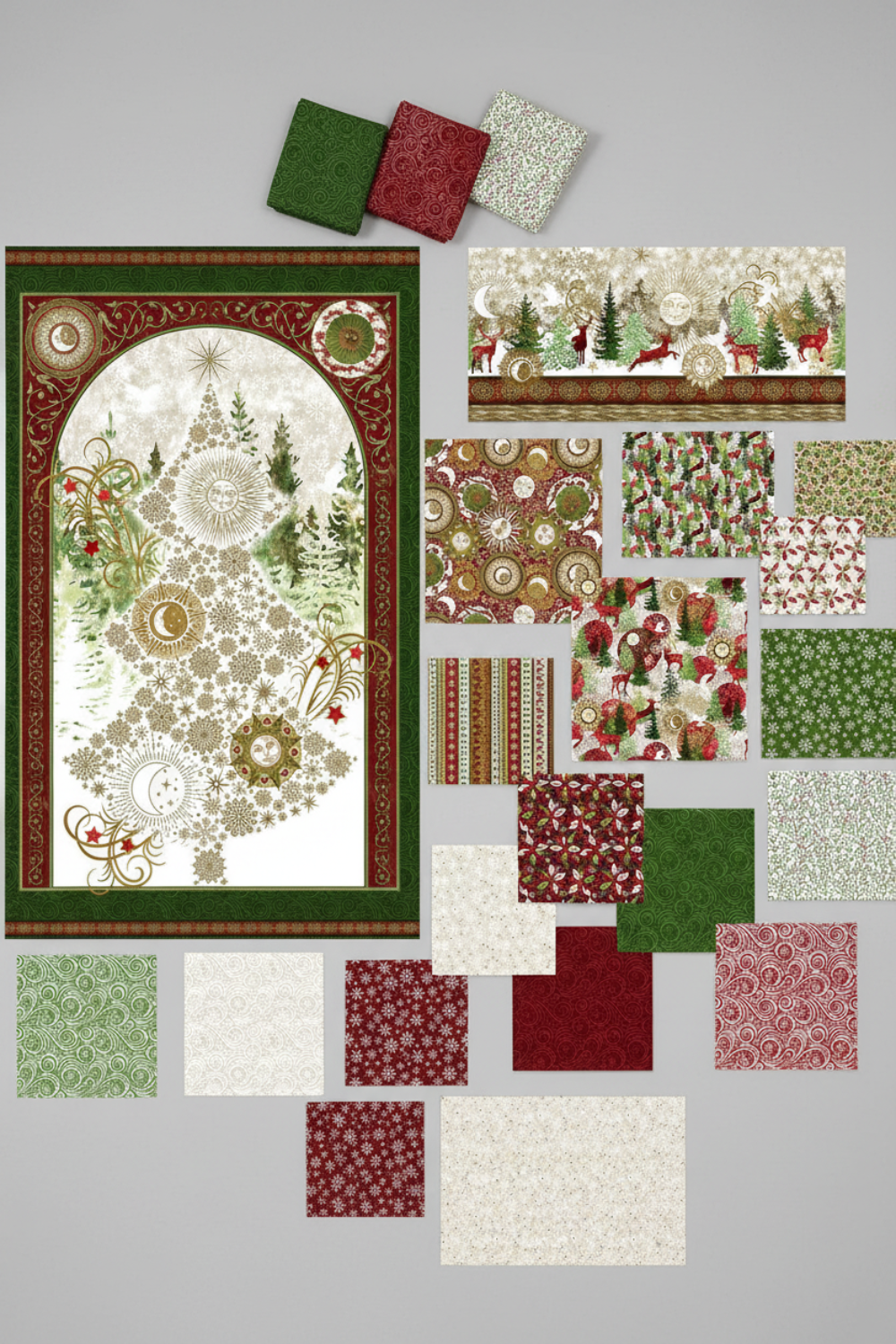 Winter Solstice II Metallic Quilt Panel 36" with coordinating fabrics – winter quilt inspiration