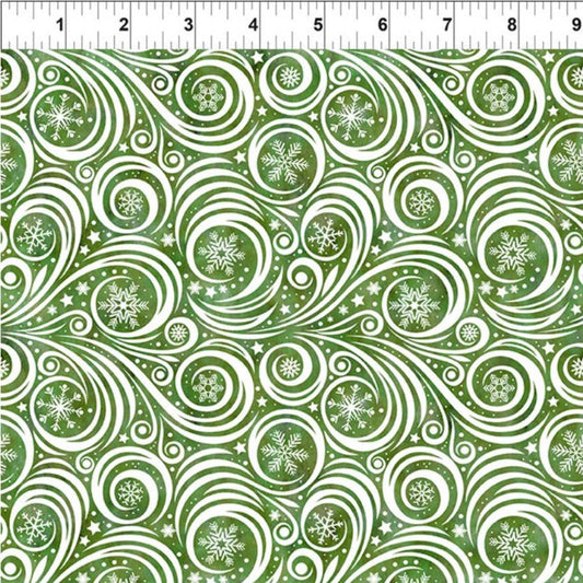 Winter Solstice II Green on White Snow Swirl – fabric – colorful textile design