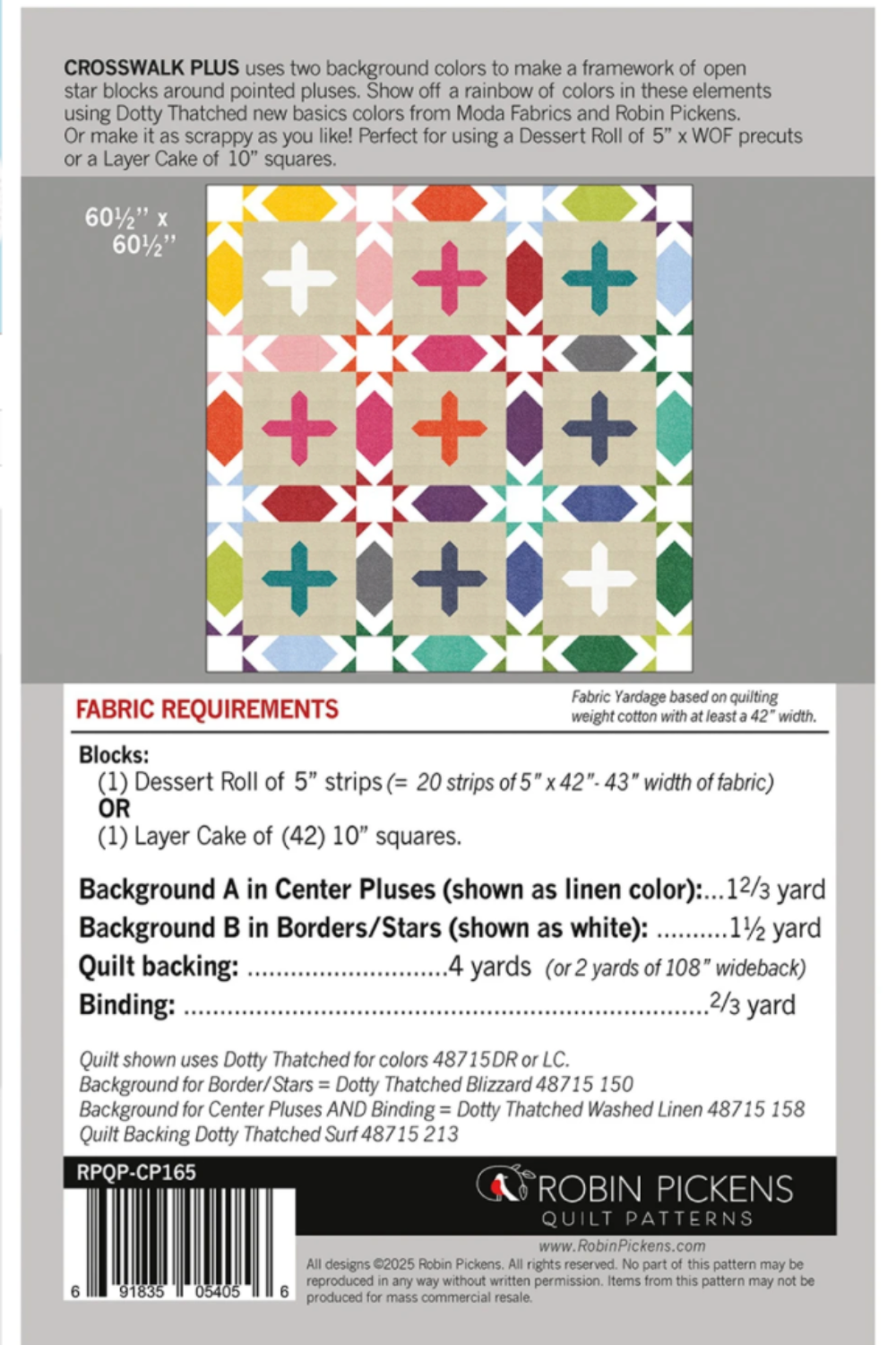 Crosswalk Plus quilt pattern by Robin Pickens — 60½" × 60½" lap quilt, Layer Cake & Dessert Roll friendly, confident beginner level. Printed paper pattern. Shop at IraRobi Quilts! #QuiltPattern #LayerCake #ModaFabrics