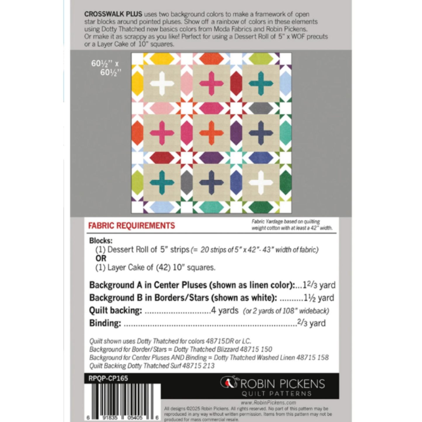 Crosswalk Plus quilt pattern back cover showing fabric requirements, finished size 60.5 x 60.5 inches, and flat quilt layout by Robin Pickens