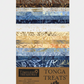 Tonga Batik Moonlit by Timeless Treasures – Pinterest pin of Tonga Treats jelly roll package showing 40 pre-cut 2.5" strips in full palette from cream and sand through warm taupe, periwinkle, denim blue, and deep navy hand-dyed batik fabrics