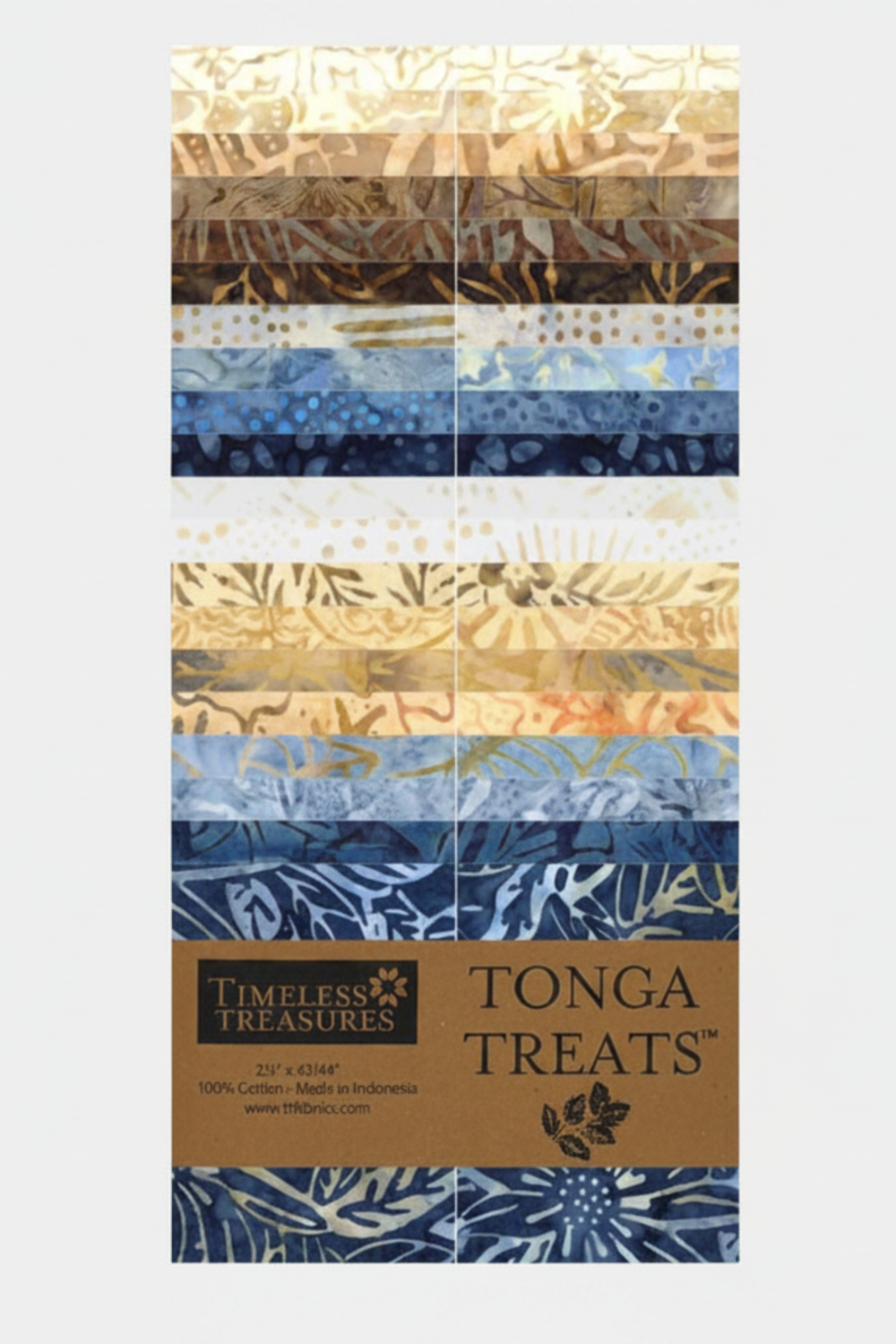 Tonga Batik Moonlit by Timeless Treasures – Pinterest pin of Tonga Treats jelly roll package showing 40 pre-cut 2.5" strips in full palette from cream and sand through warm taupe, periwinkle, denim blue, and deep navy hand-dyed batik fabrics