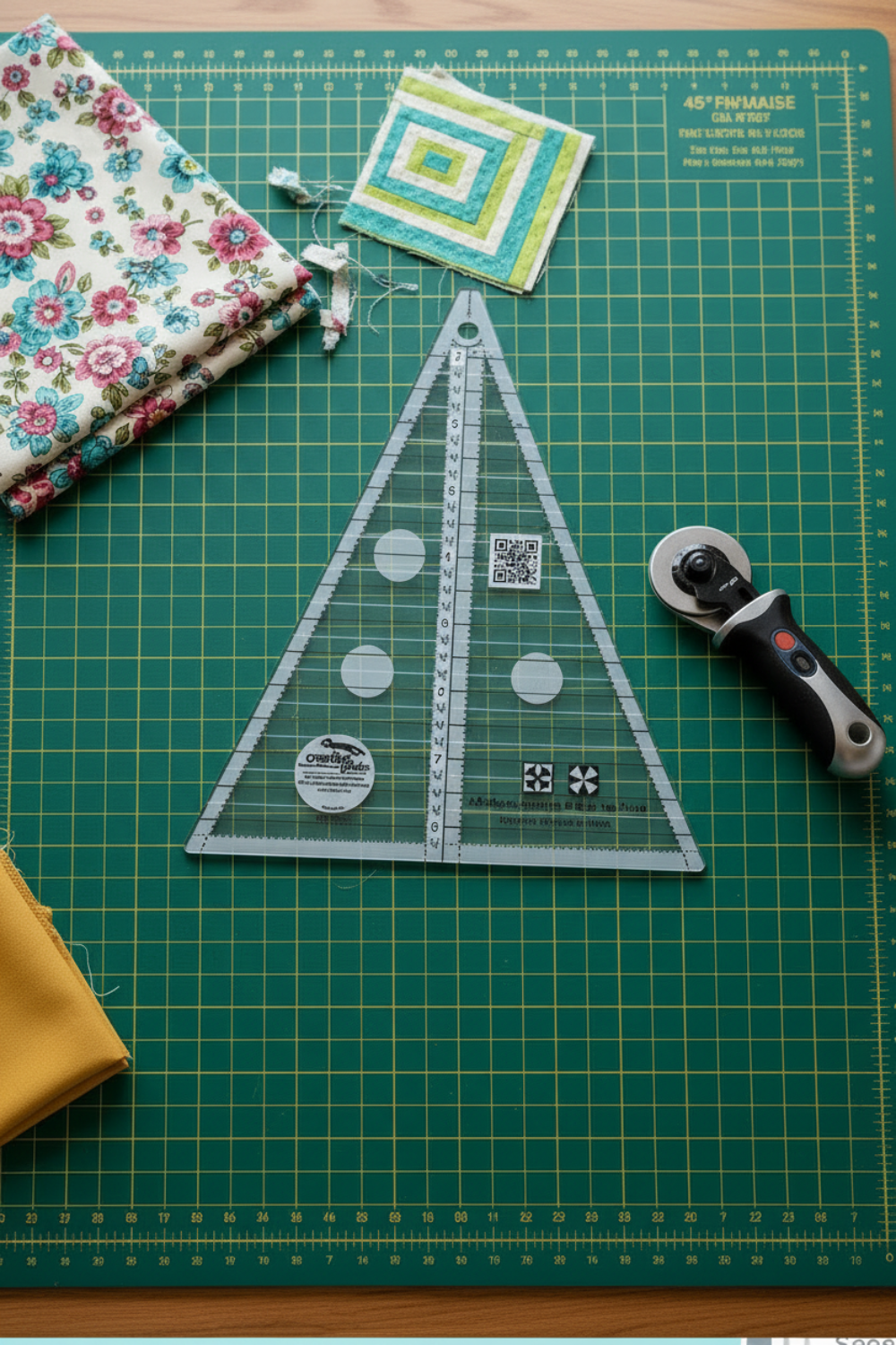 Creative Grids 45 degree Kaleidoscope ruler on cutting mat with rotary cutter for precision quilting