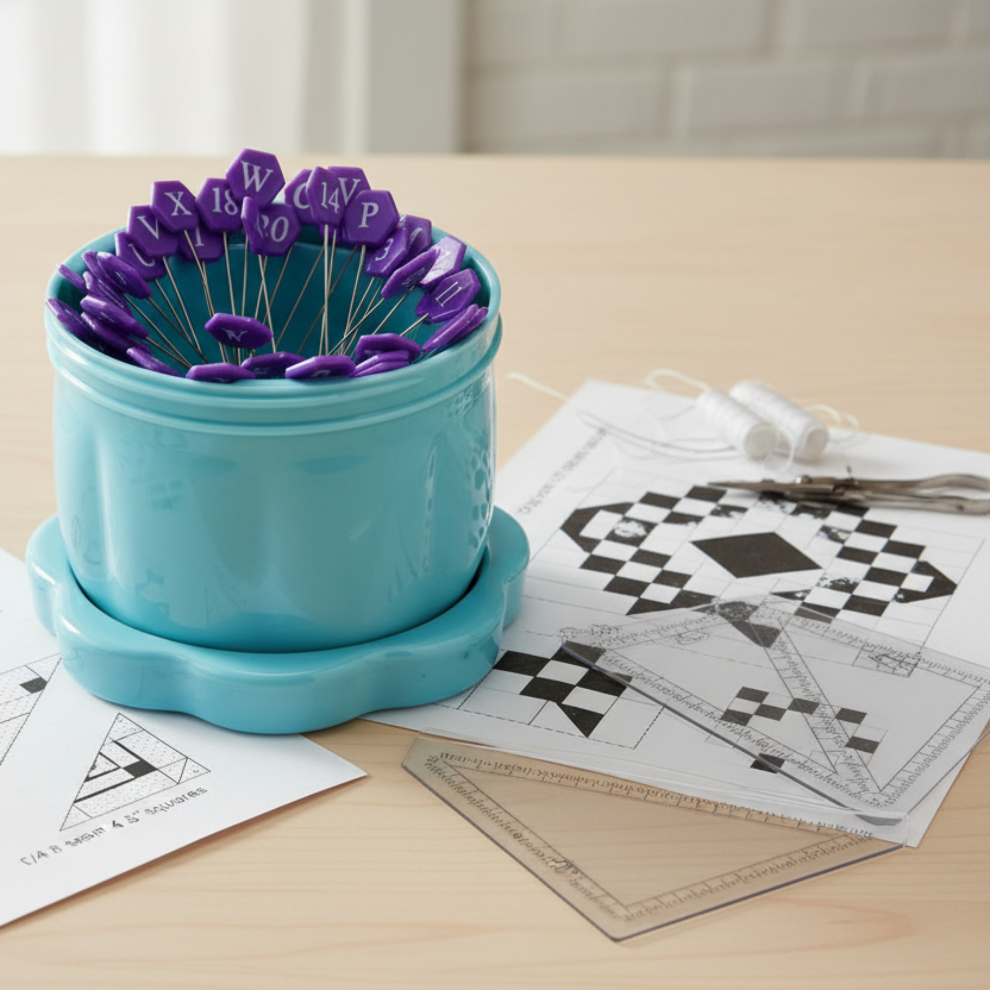 Alphabet quilting pins stored upright in magnetic pin cup next to quilt block pattern and rulers