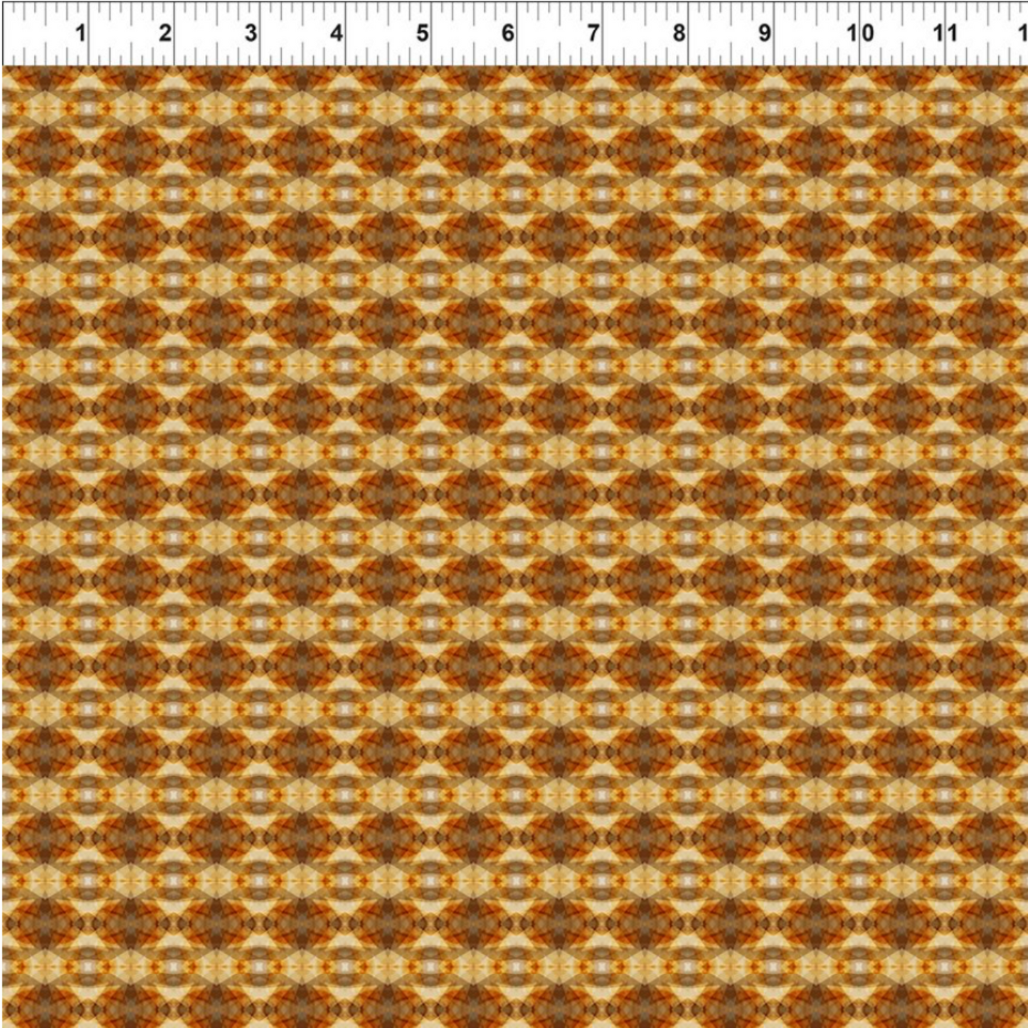 Falling Leaves Multi Prism quilting cotton fabric with ruler showing scale – allover geometric kaleidoscope prism pattern in warm golden amber and rich caramel tones by Jason Yenter for In The Beginning Fabrics, 100% cotton, 3 yard cut