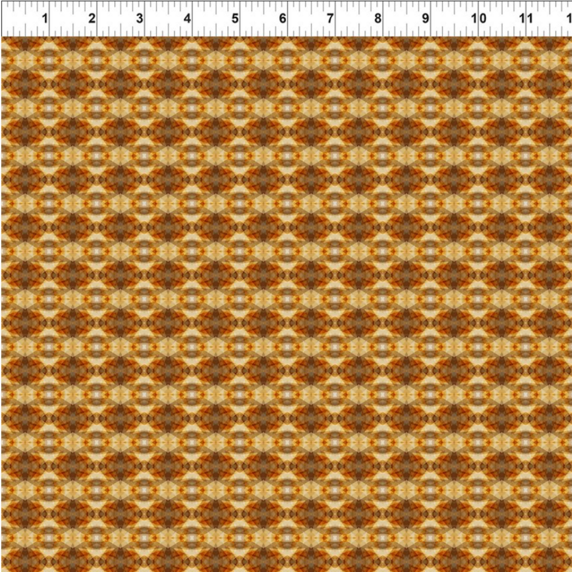 Falling Leaves Multi Prism quilting cotton fabric with ruler showing scale – allover geometric kaleidoscope prism pattern in warm golden amber and rich caramel tones by Jason Yenter for In The Beginning Fabrics, 100% cotton, 3 yard cut