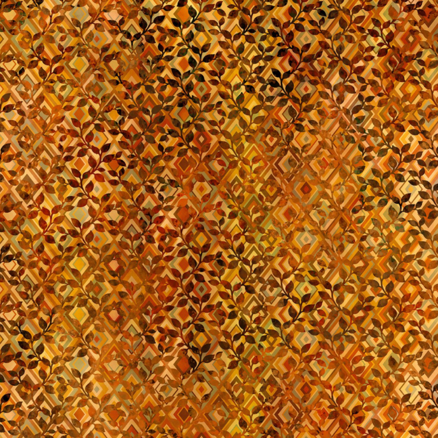 Falling Leaves Multi Diamond Leaves quilting cotton fabric showing allover leaf sprig and diamond geometric pattern – rich burnt orange, amber, and golden tones by Jason Yenter for In The Beginning Fabrics, 100% cotton, 3 yard cut