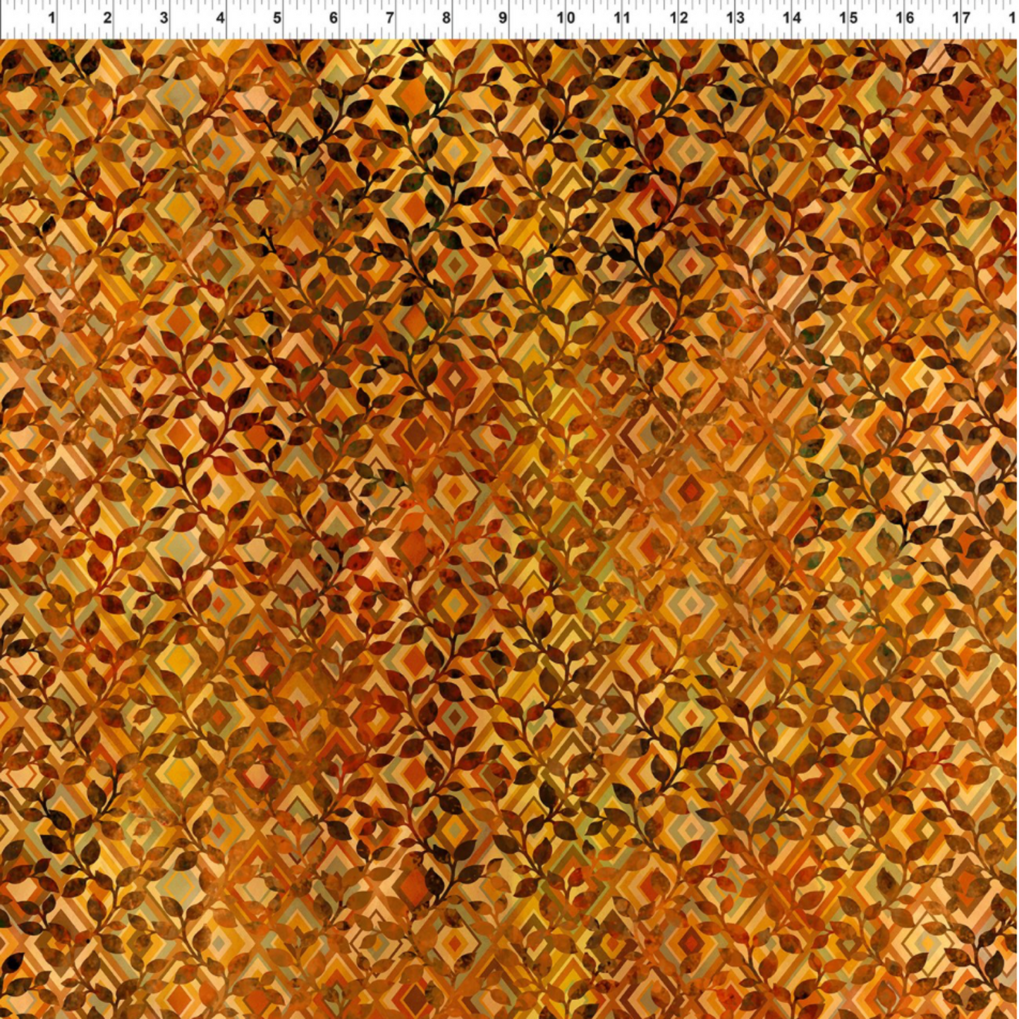 Falling Leaves Multi Diamond Leaves quilting cotton fabric with ruler showing scale – leaf sprigs over diamond geometric grid in rich burnt orange and amber tones by Jason Yenter for In The Beginning Fabrics, 100% cotton, 3 yard cut