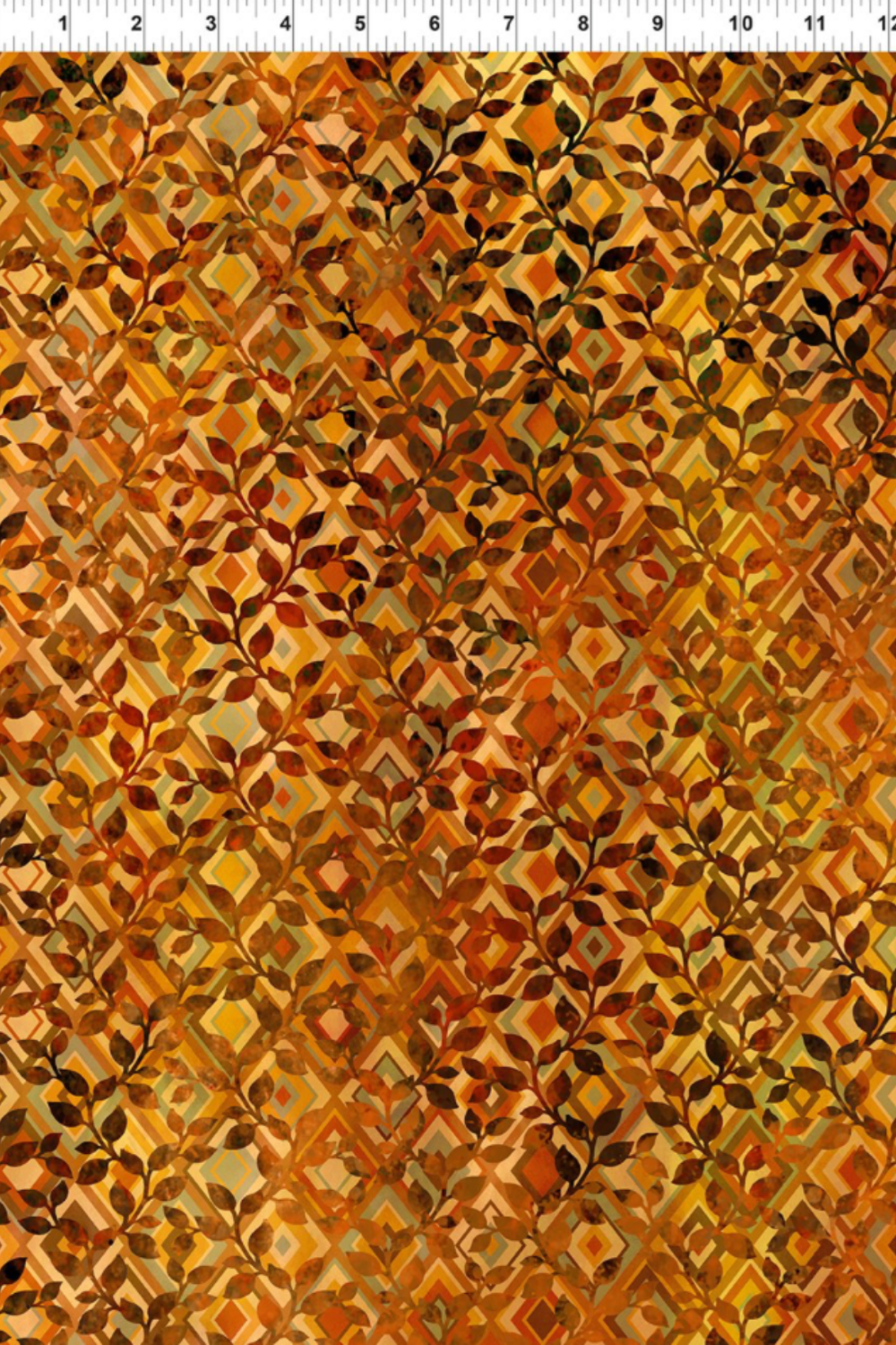 Falling Leaves Multi Diamond Leaves fabric by Jason Yenter for In The Beginning Fabrics with ruler showing print scale – leaf sprigs over diamond geometric grid in rich burnt orange, amber, and golden tones, 100% cotton, 3 yard cut