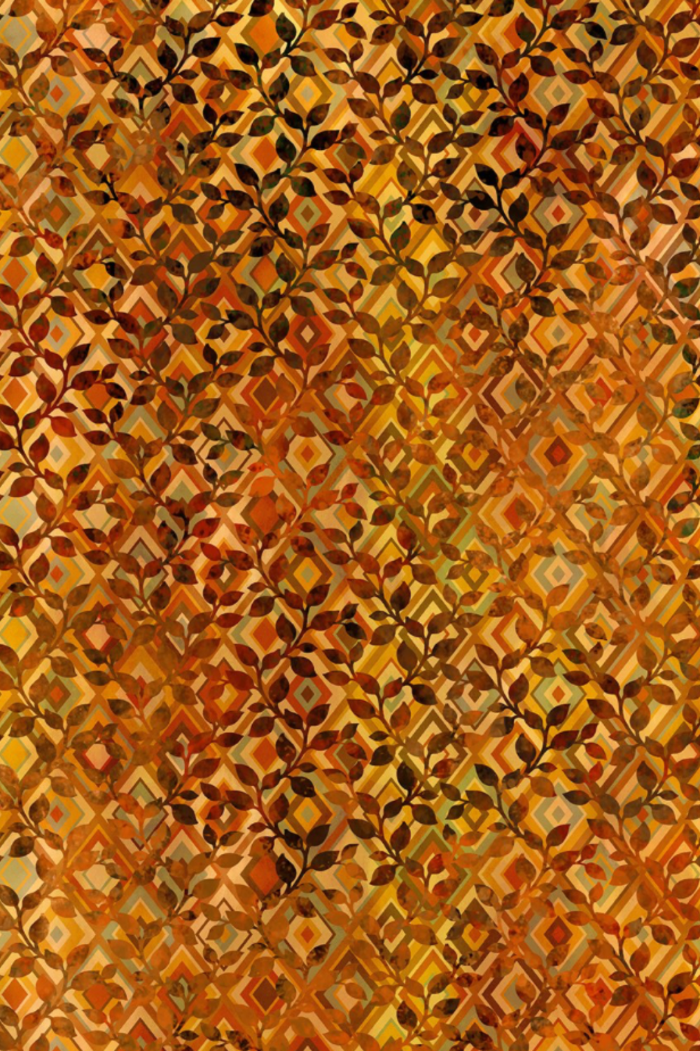 Falling Leaves Multi Diamond Leaves fabric by Jason Yenter for In The Beginning Fabrics – allover leaf sprigs cascading over diamond geometric grid in rich burnt orange, amber, and golden autumn tones, perfect for cozy fall quilt projects, 100% cotton, 3 yard cut