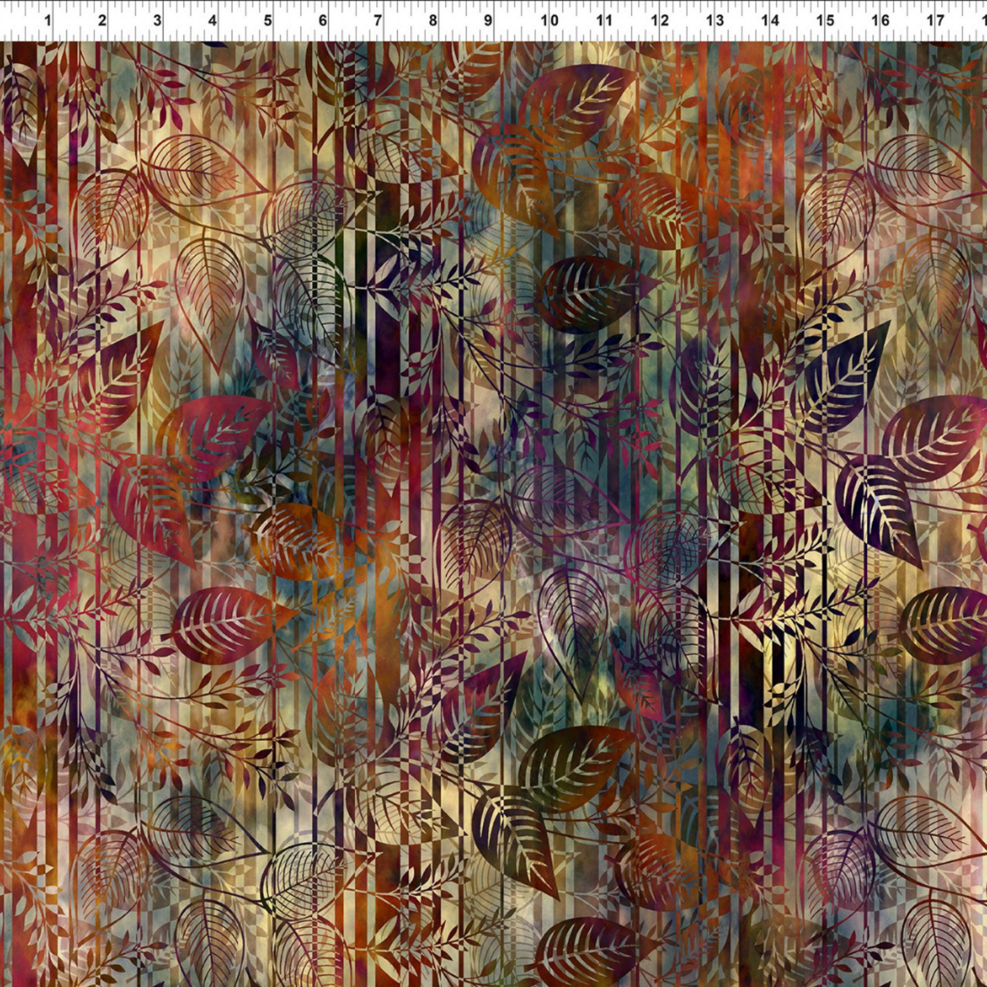 Falling Leaves Multi Leaf Stripe quilting cotton fabric with ruler showing scale – large-scale botanical leaf silhouettes over vertical stripe geometric background in jewel tones of burgundy, plum, and teal by Jason Yenter for In The Beginning Fabrics, 100% cotton, 3 yard cut